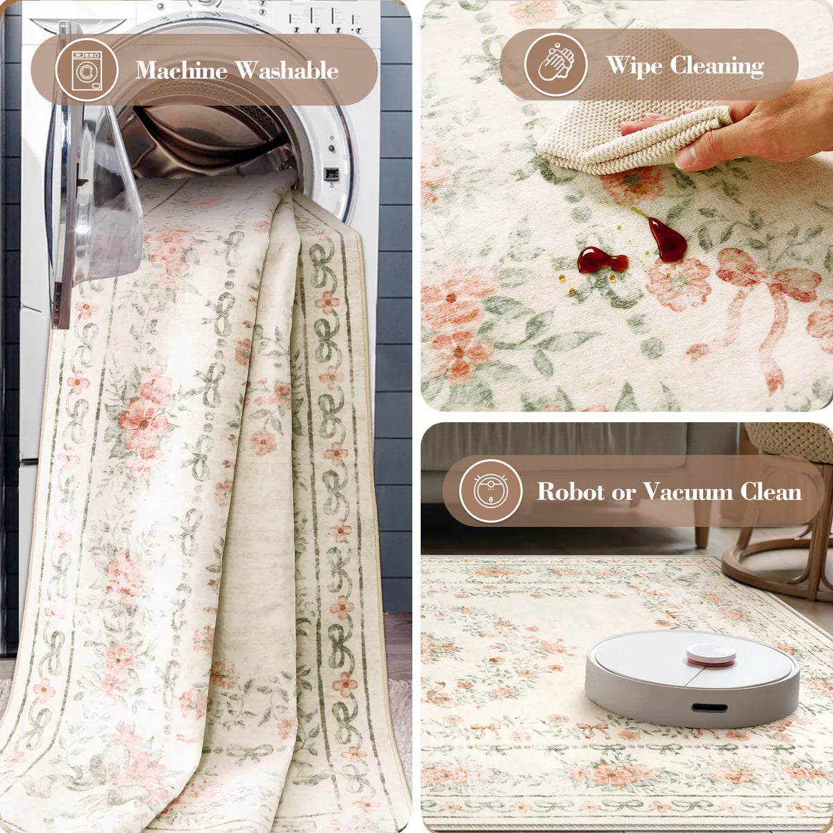 Eliane Washable Vintage Traditional Floral Beige Rug Area Rugs Lahome