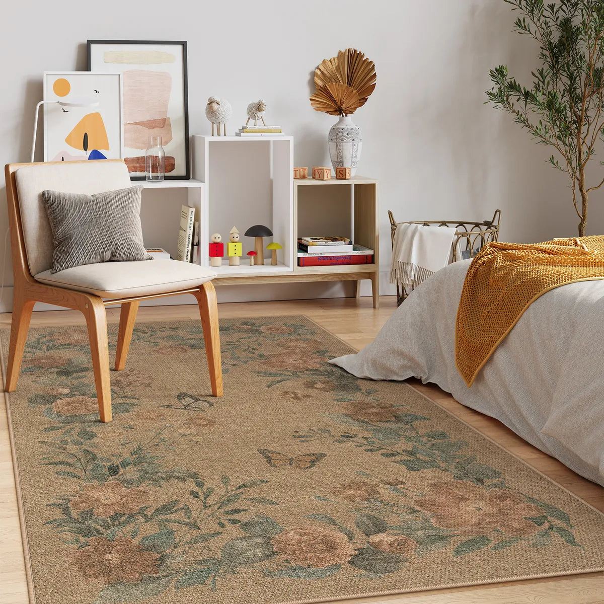 Fleur Washable Farmhouse Floral Butterfly Easy Jute Neutral Indoor/Outdoor Runner Rug Easy Jute Rug Lahome