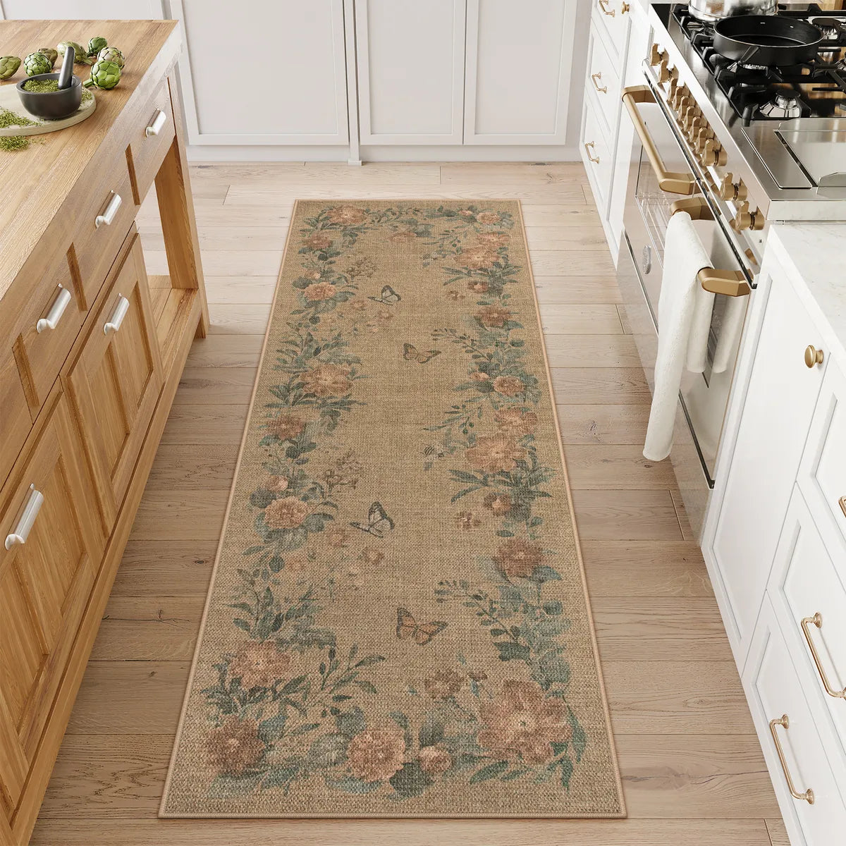 Fleur Washable Farmhouse Floral Butterfly Easy Jute Neutral Indoor/Outdoor Runner Rug Easy Jute Rug Lahome 2' x 6'