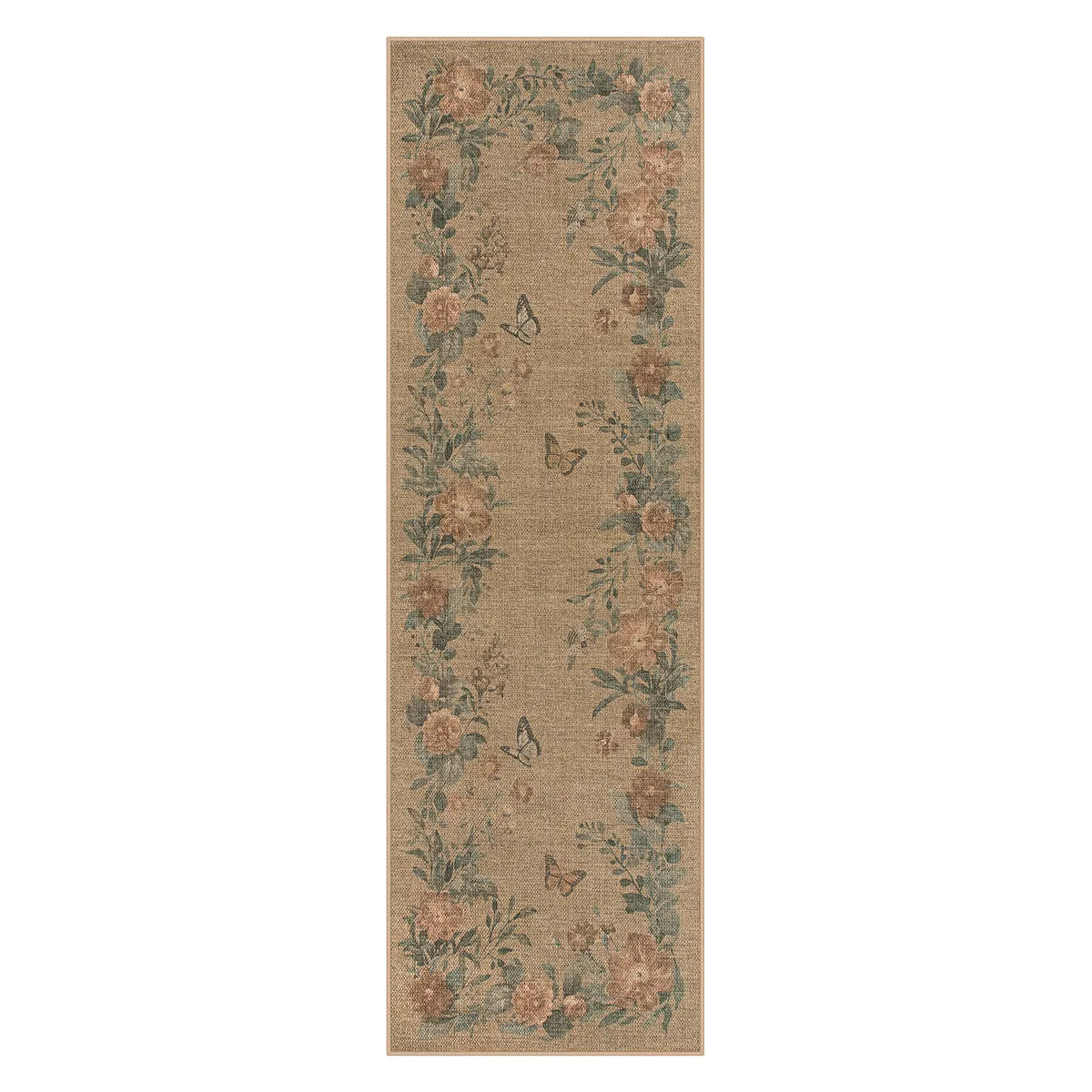 Fleur Washable Farmhouse Floral Butterfly Easy Jute Neutral Indoor/Outdoor Runner Rug Easy Jute Rug Lahome