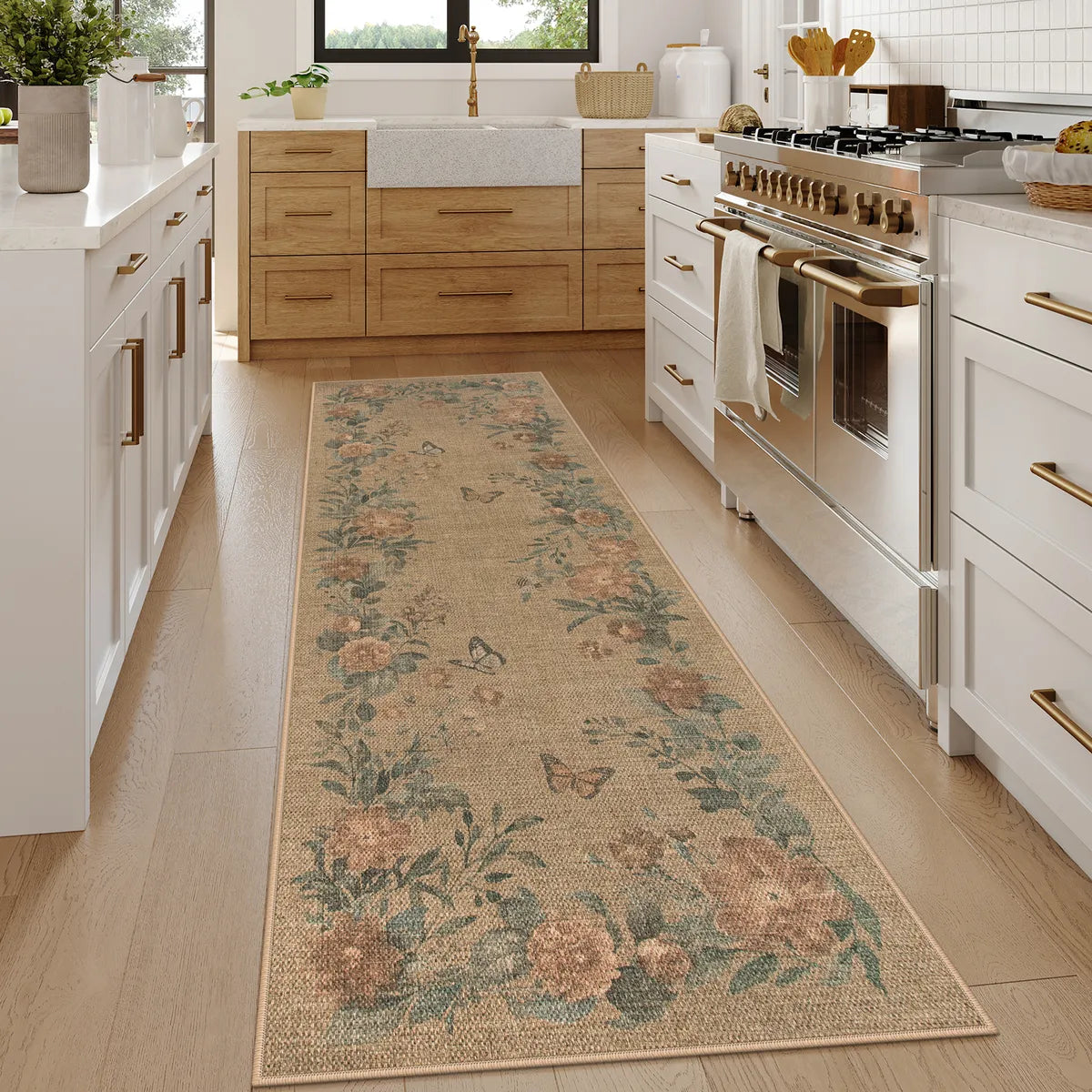 Fleur Washable Farmhouse Floral Butterfly Easy Jute Neutral Indoor/Outdoor Runner Rug Easy Jute Rug Lahome