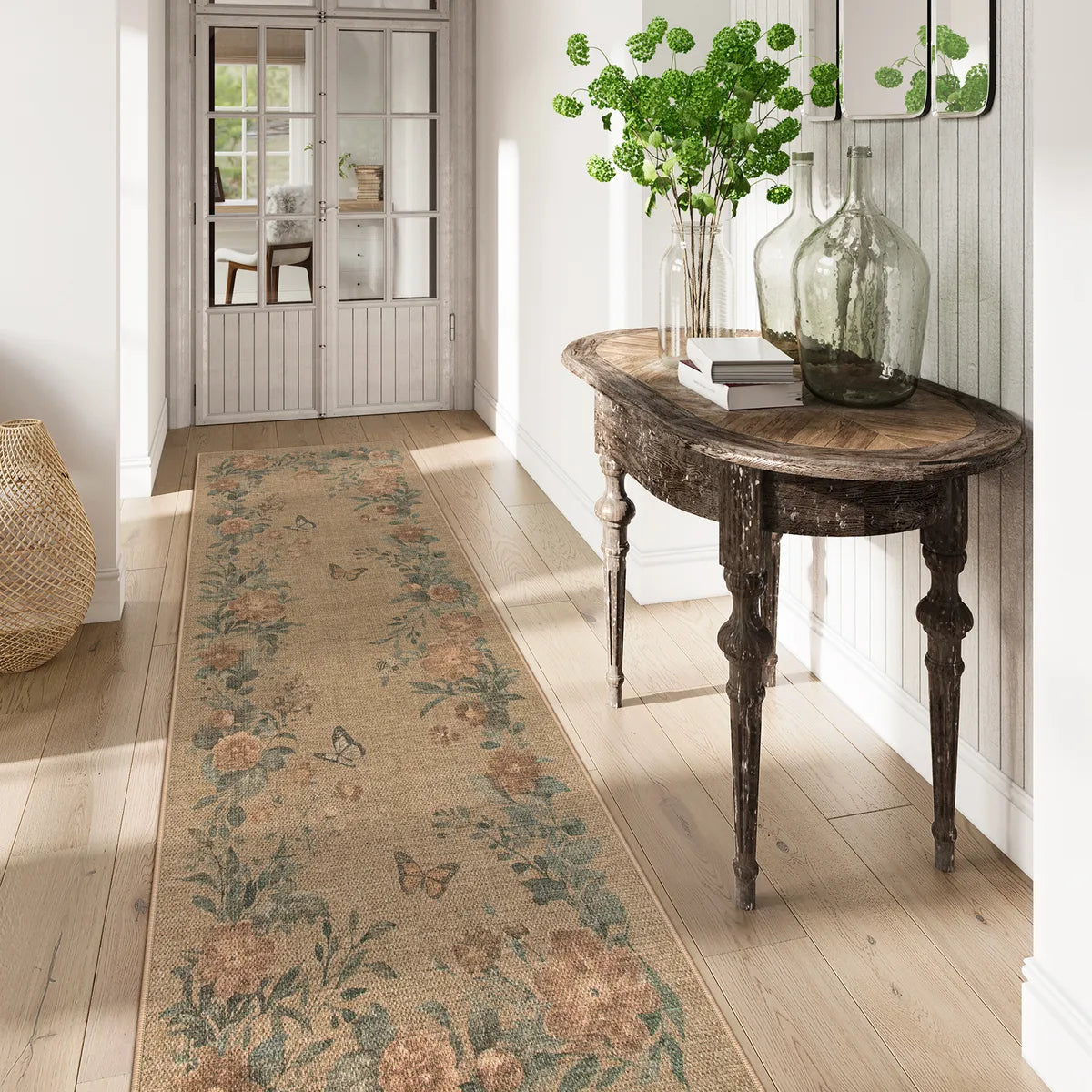 Fleur Washable Farmhouse Floral Butterfly Easy Jute Neutral Indoor/Outdoor Runner Rug Easy Jute Rug Lahome