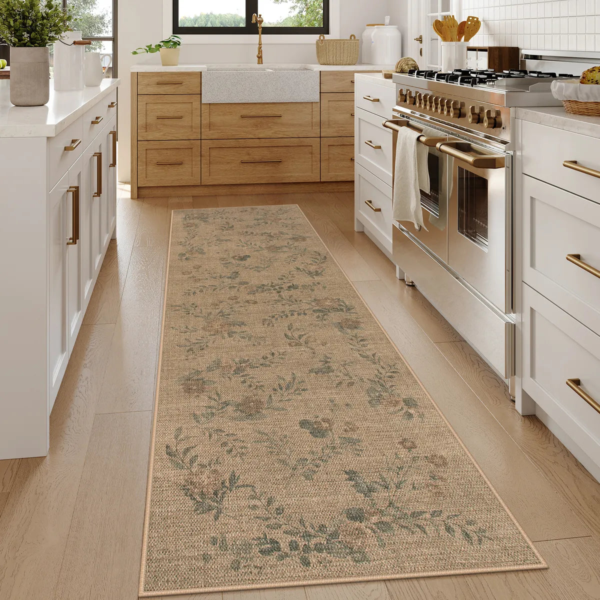Fleur Washable Farmhouse Floral Vine Easy Jute Neutral Indoor/Outdoor Runner Rug Easy Jute Rug Lahome