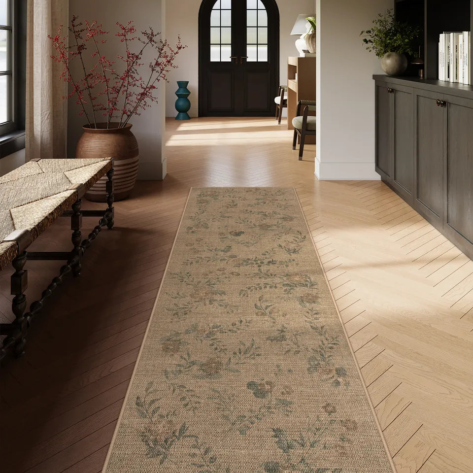 Fleur Washable Farmhouse Floral Vine Easy Jute Neutral Indoor/Outdoor Runner Rug Easy Jute Rug Lahome 2.5' x 8'