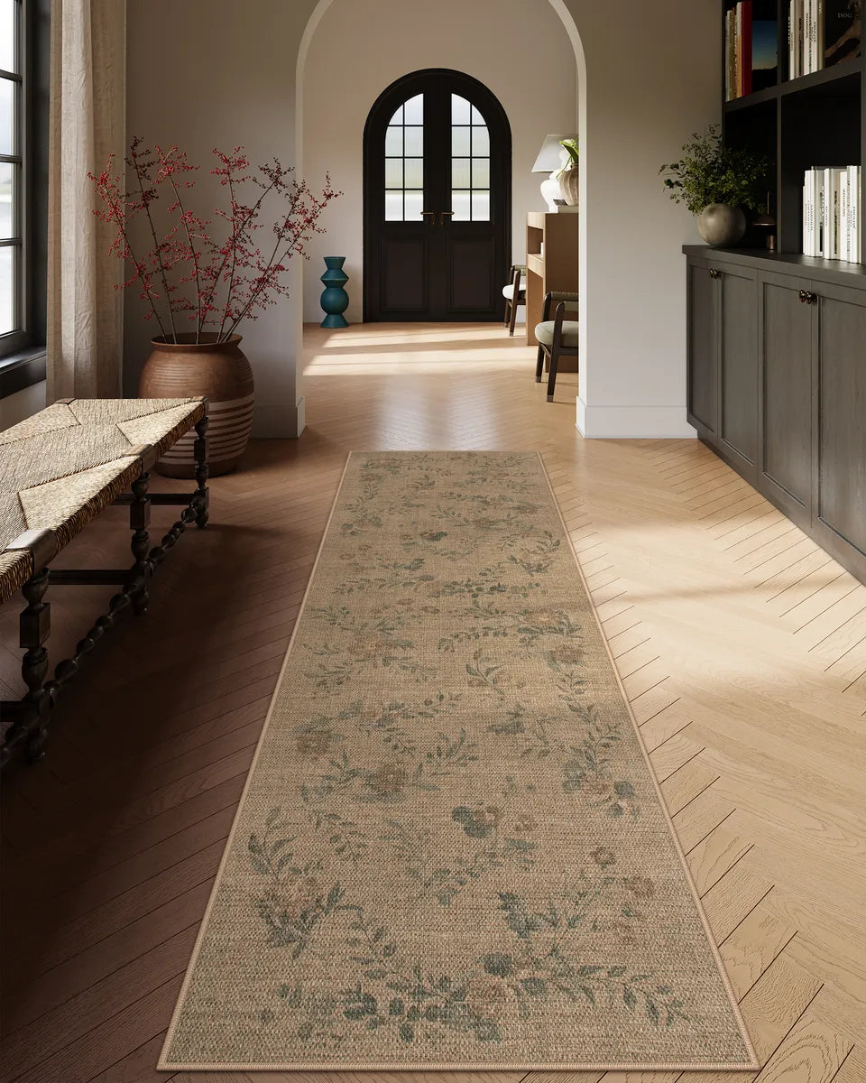 Fleur Washable Farmhouse Floral Vine Easy Jute Neutral Indoor/Outdoor Runner Rug Easy Jute Rug Lahome 2.5' x 8'