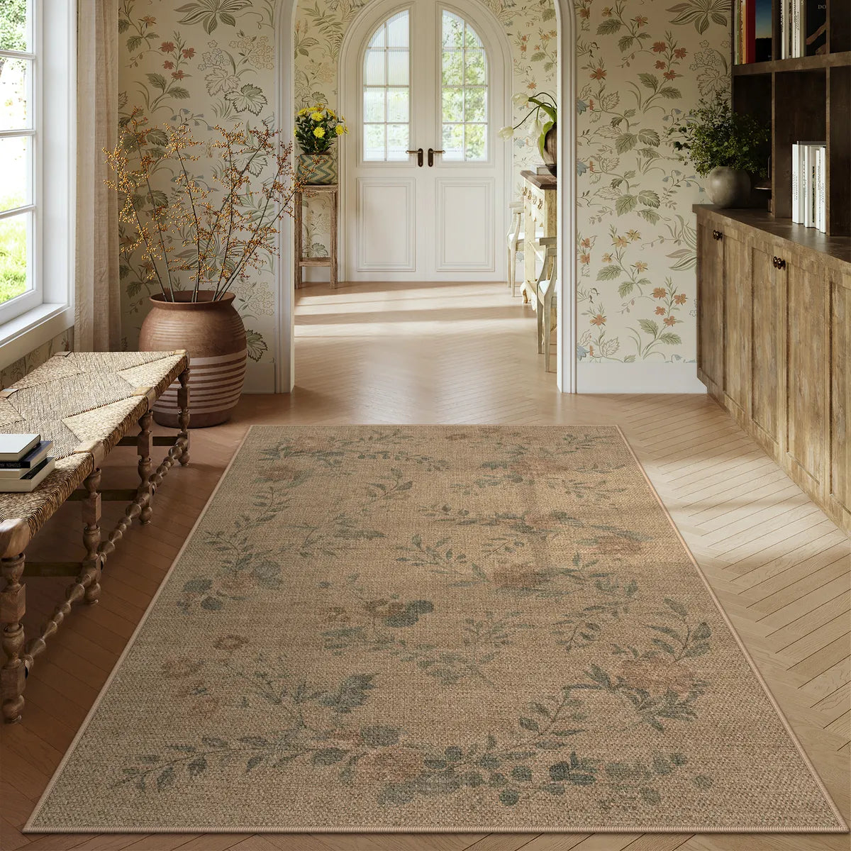Fleur Washable Farmhouse Floral Vine Easy Jute Neutral Indoor/Outdoor Runner Rug Easy Jute Rug Lahome