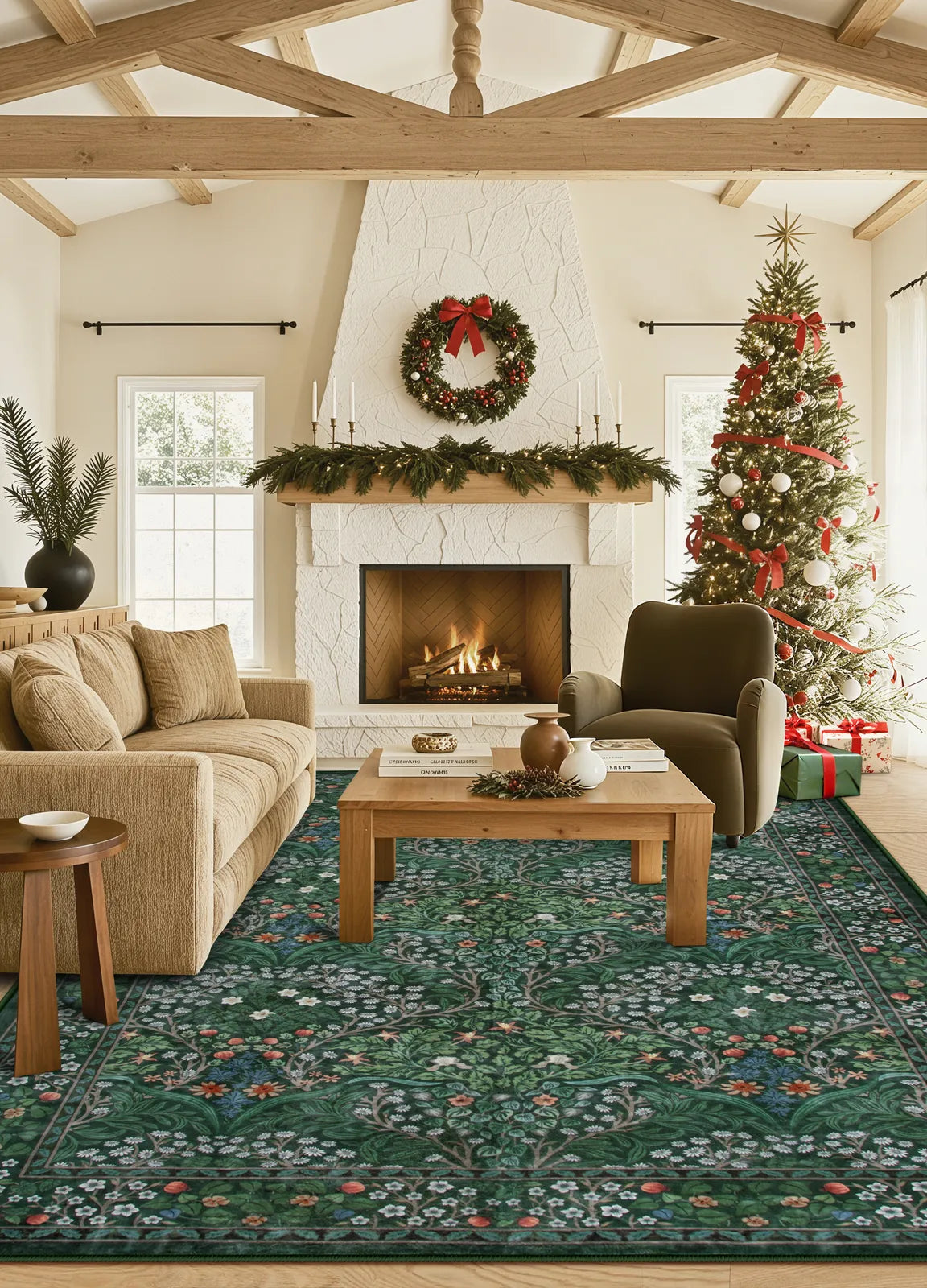 Giverny Washable Maximalism Vintage French Floral Dark Green Rug Rugs Lahome