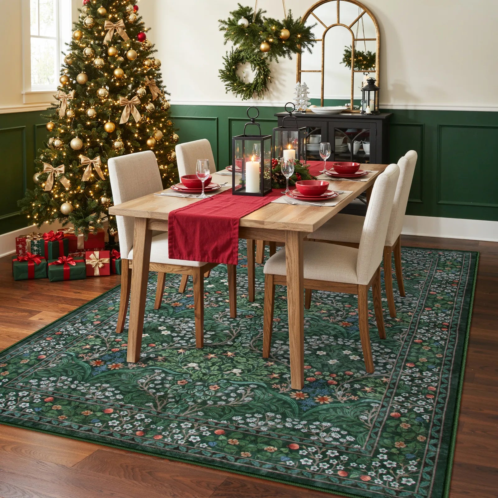 Giverny Washable Maximalism Vintage French Floral Dark Green Rug Rugs Lahome