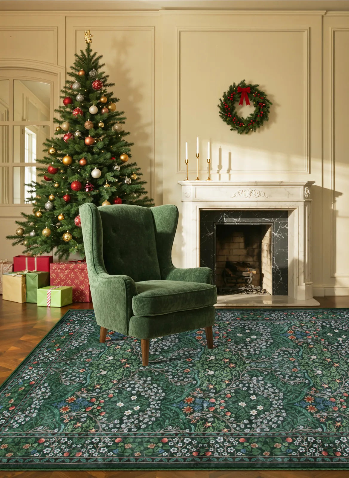 Giverny Washable Maximalism Vintage French Floral Dark Green Rug Rugs Lahome