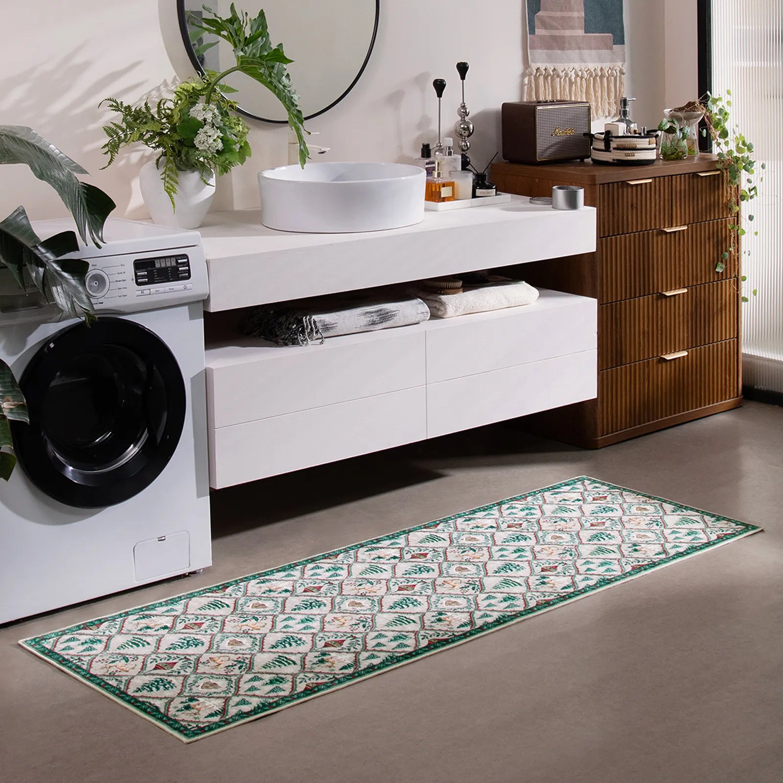 Glace Christmas Washable Tree and Reindeer Green/Beige Rug Area Rugs Lahome