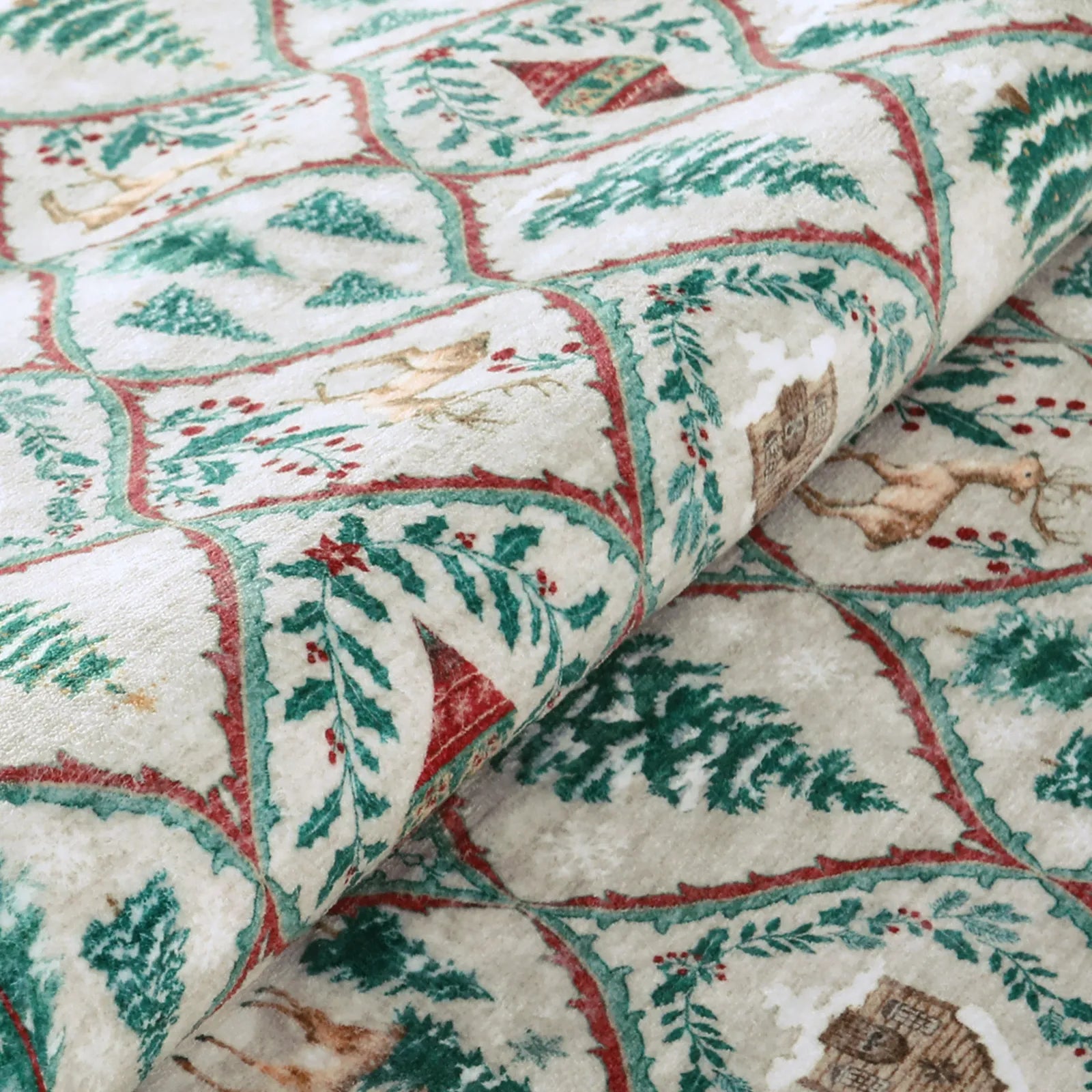 Glace Christmas Washable Tree and Reindeer Green/Beige Rug Area Rugs Lahome