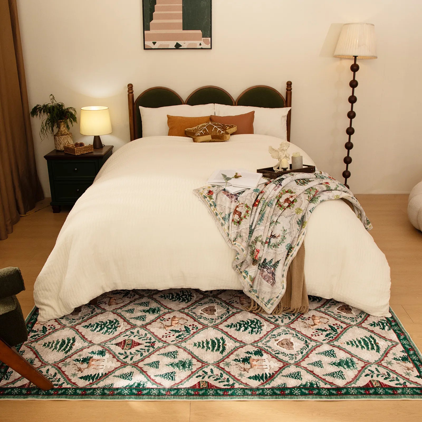 Glace Christmas Washable Tree and Reindeer Green/Beige Rug Area Rugs Lahome