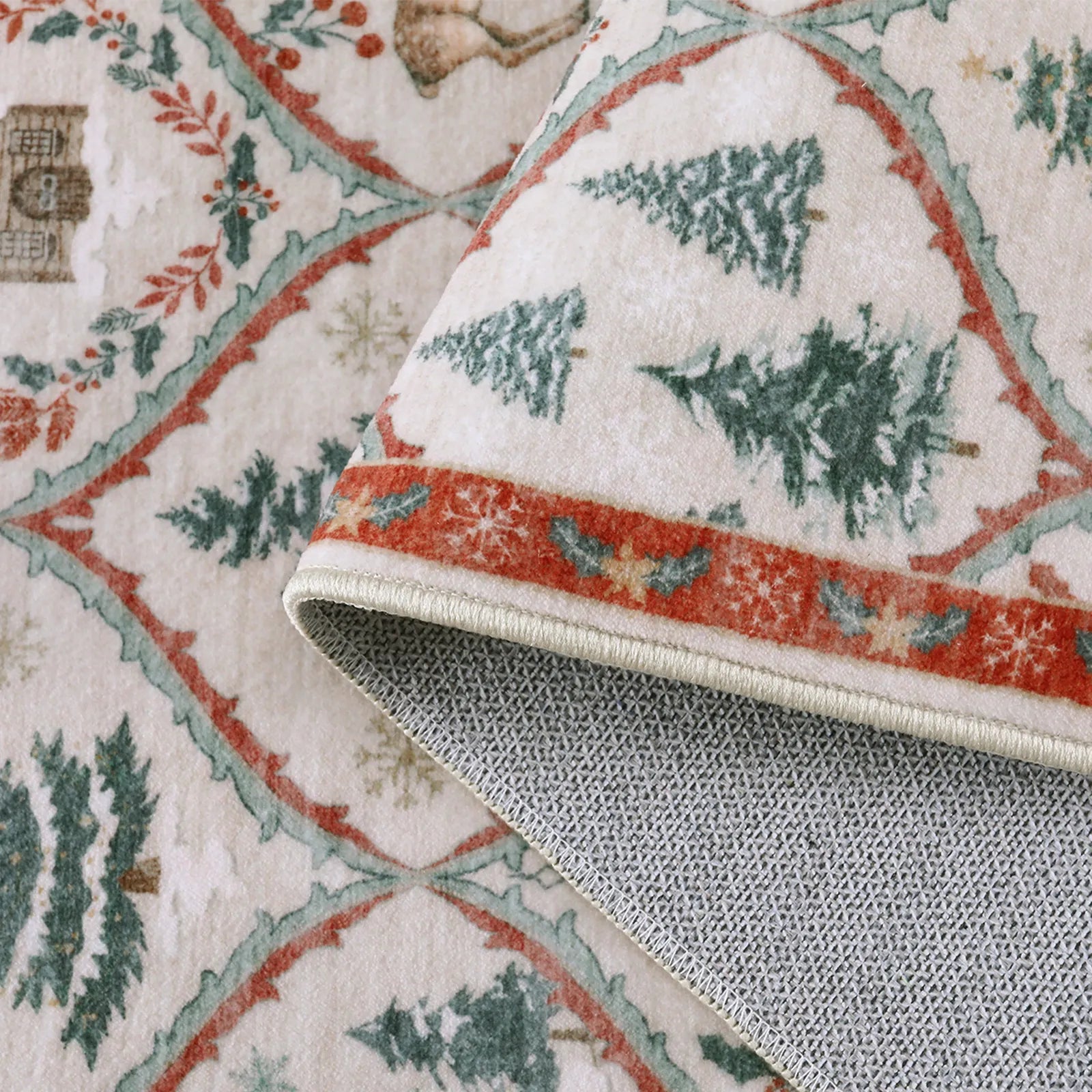 Glace Christmas Washable Tree and Reindeer Pink/Beige Rug Area Rugs Lahome