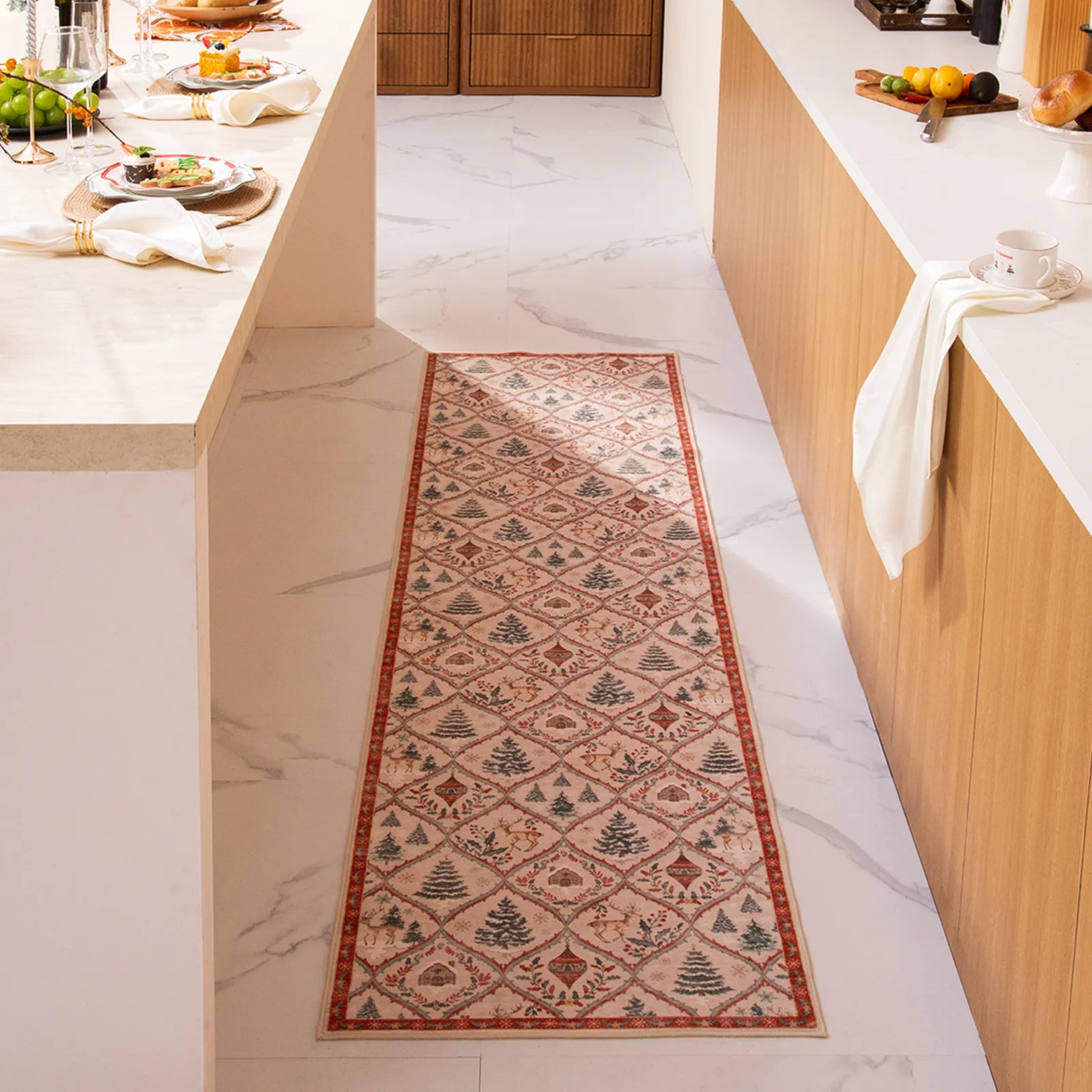 Glace Christmas Washable Tree and Reindeer Pink/Beige Rug Area Rugs Lahome