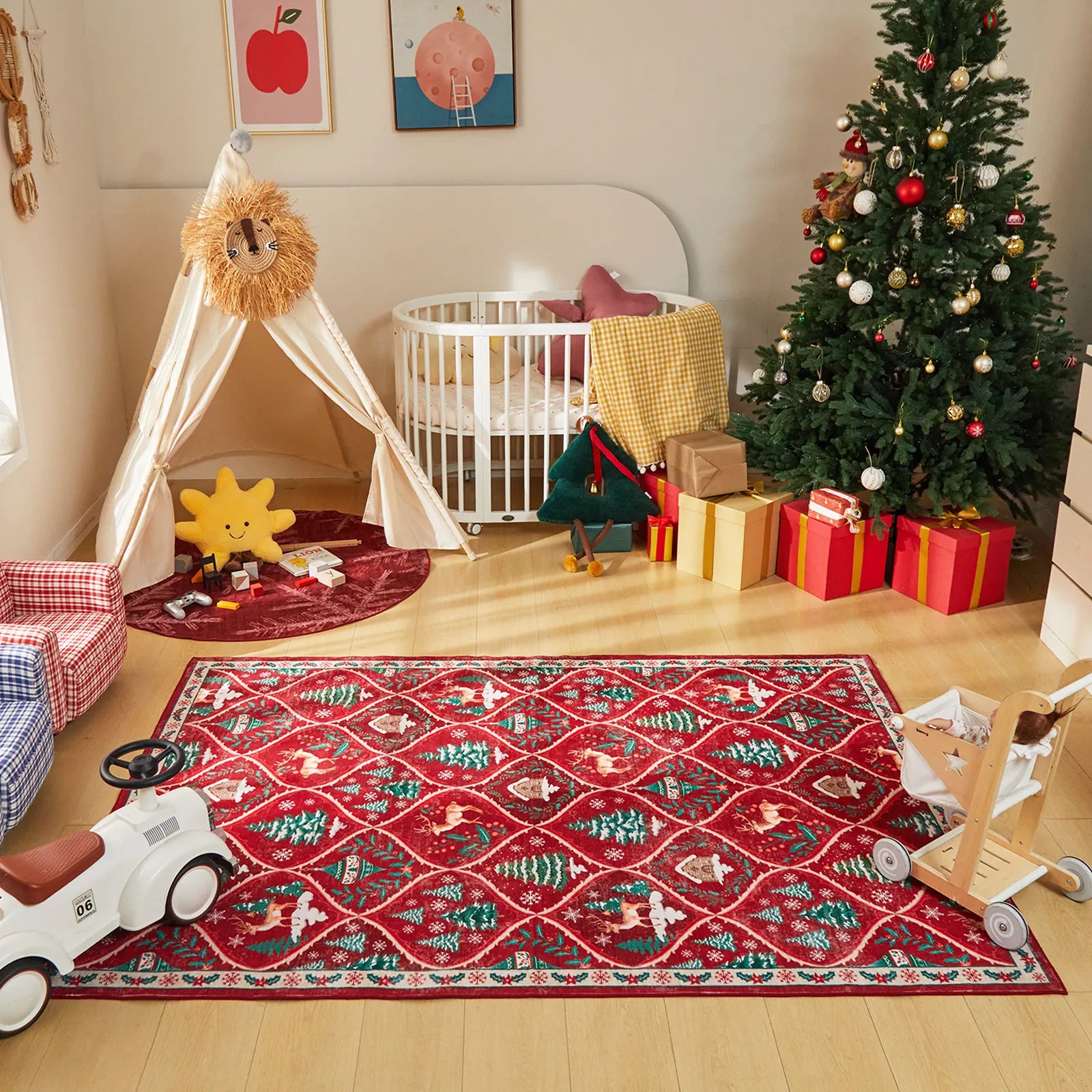 Glace Christmas Washable Tree and Reindeer Red Rug Area Rugs Lahome