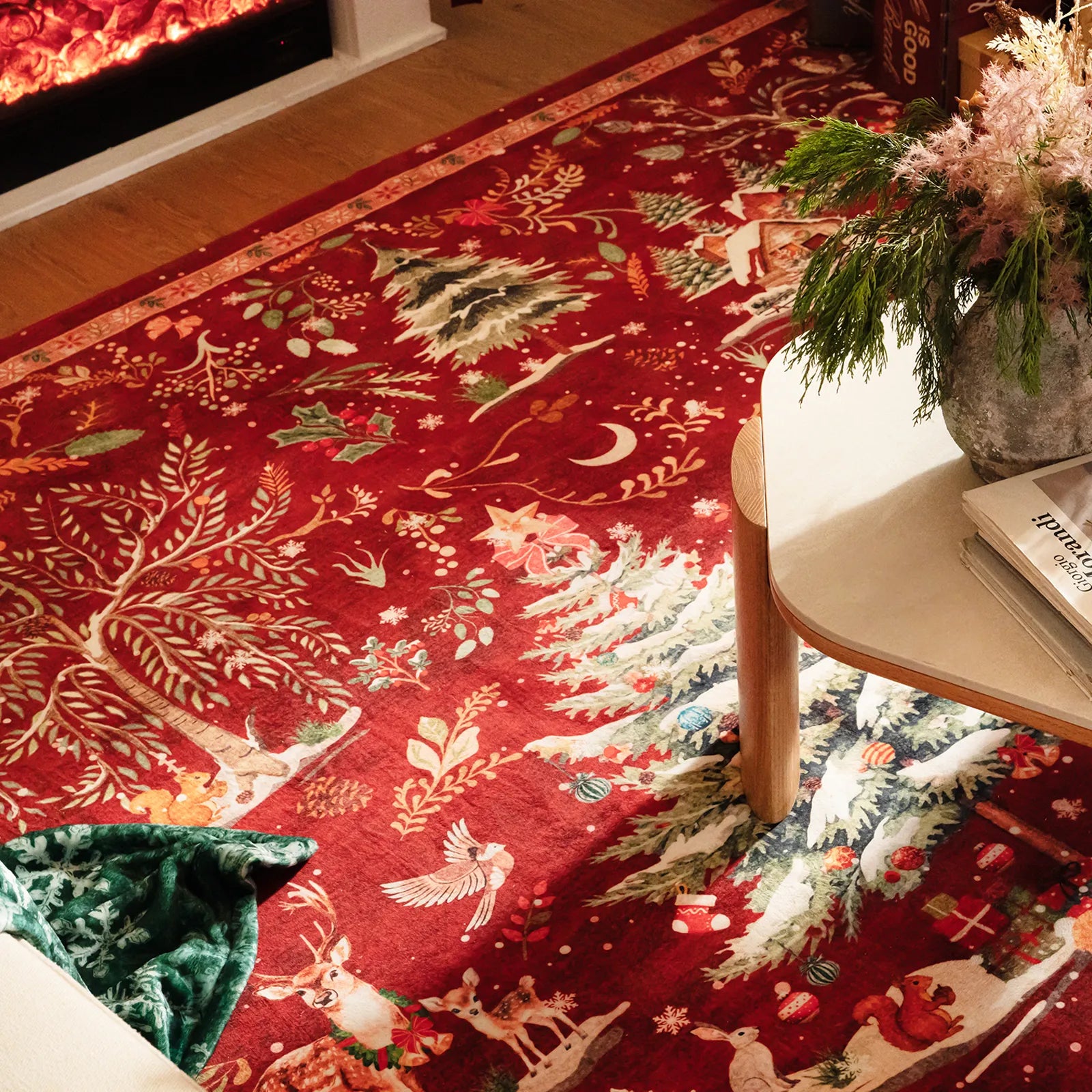 Jocelyn Christmas Washable Winter Woodland Cabin Red Rug Area Rugs Lahome