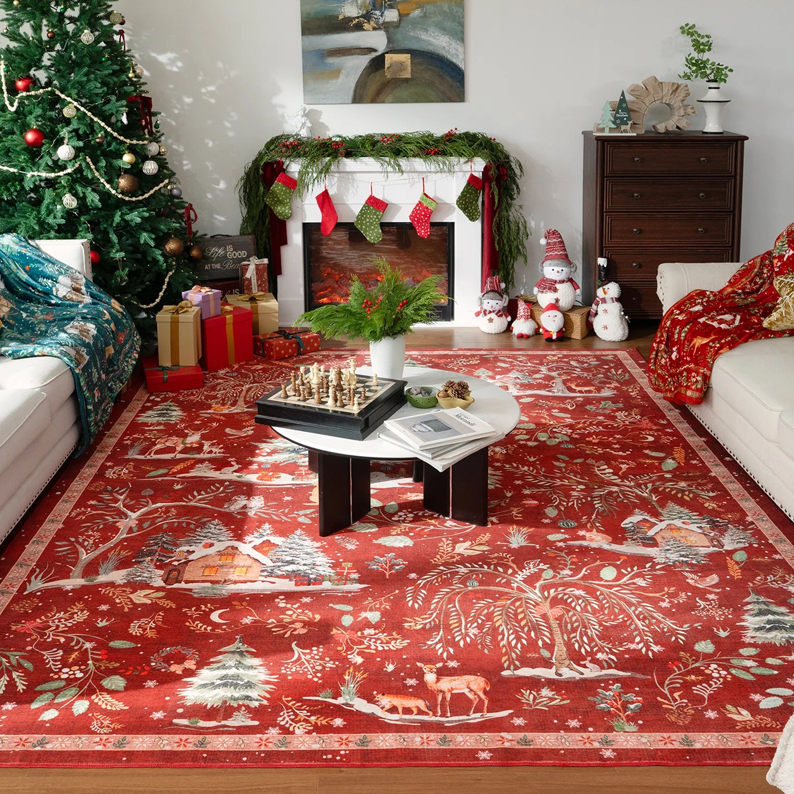 Jocelyn Christmas Washable Winter Woodland Cabin Red Rug Area Rugs Lahome