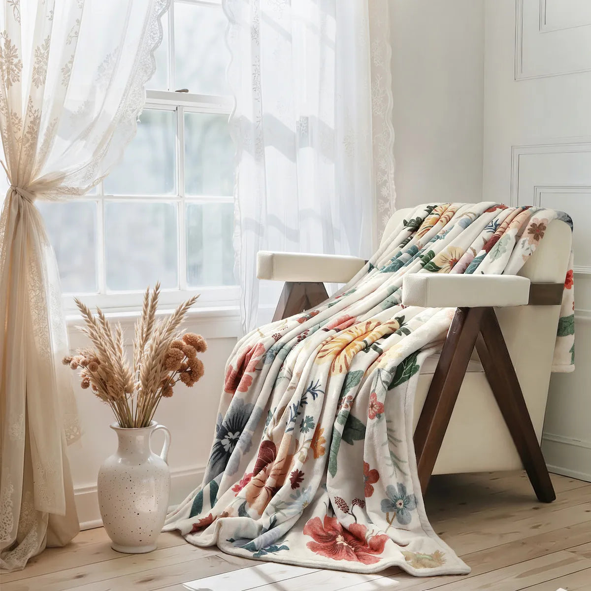 Liorin Washable Boho Botanical Floral Beige Throw Blanket Blanket Lahome
