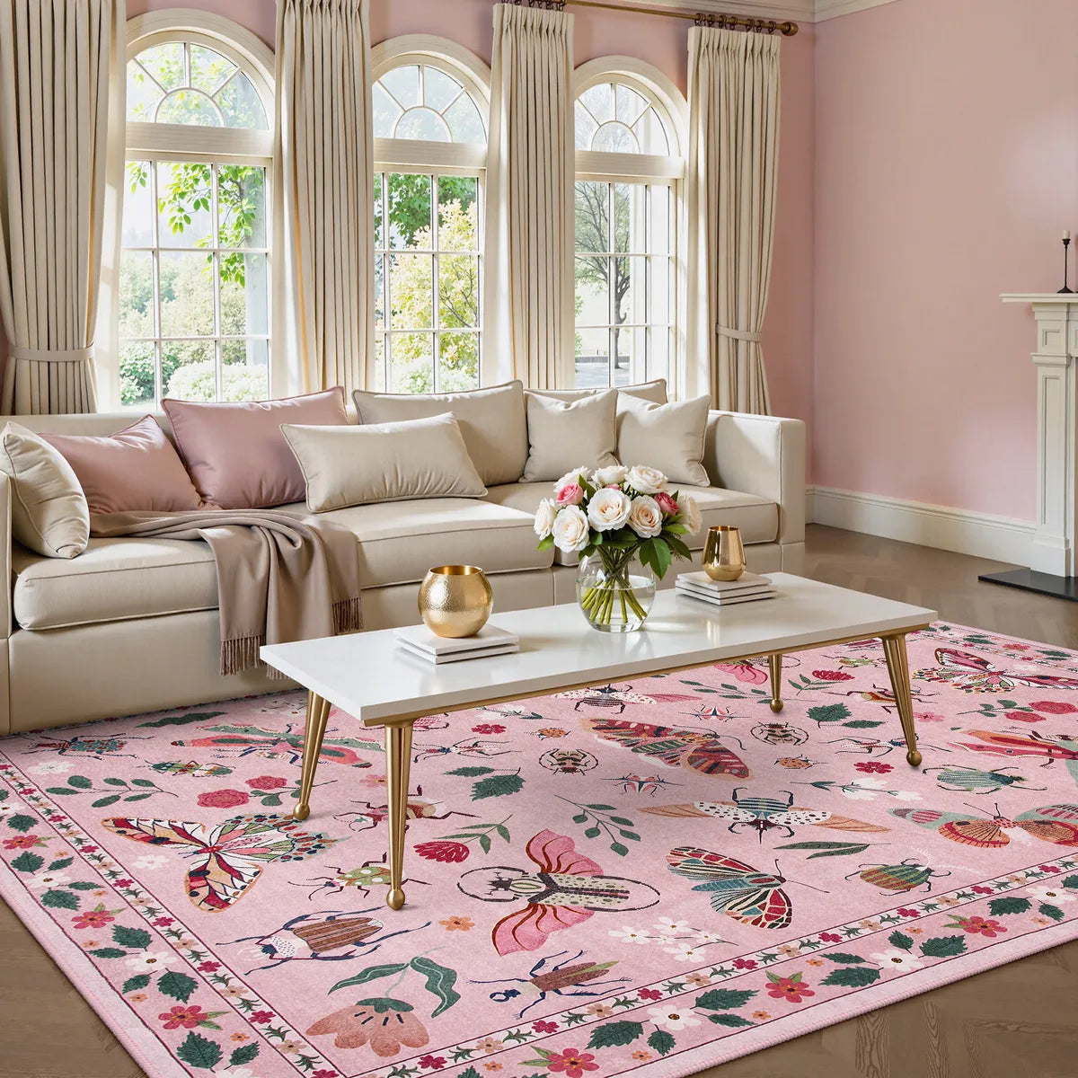 Vionnet Washable Modern Parisian Insect Pink Rug Area Rugs Lahome