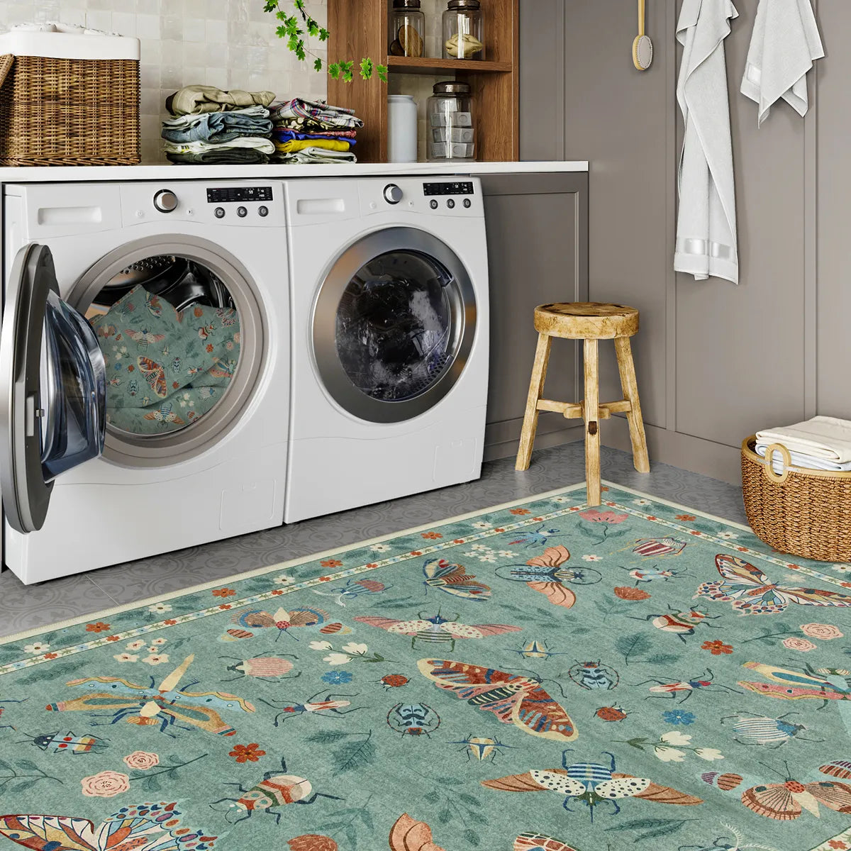 Vionnet Washable Modern Parisian Insect Light Green Rug Area Rugs Lahome