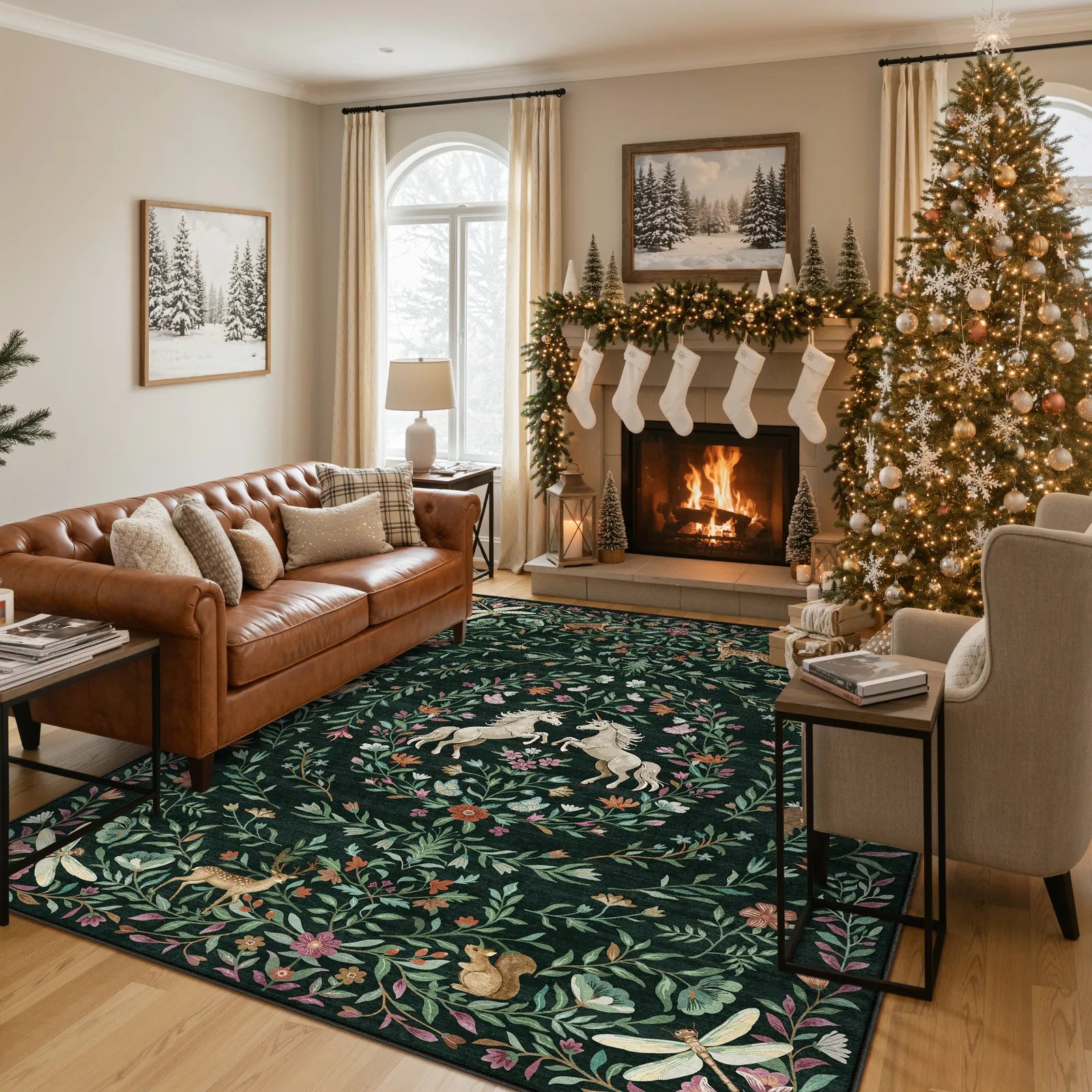 Myrrha Washable Fantasy Garden and Unicorn Dark Green Rug Area Rugs Lahome