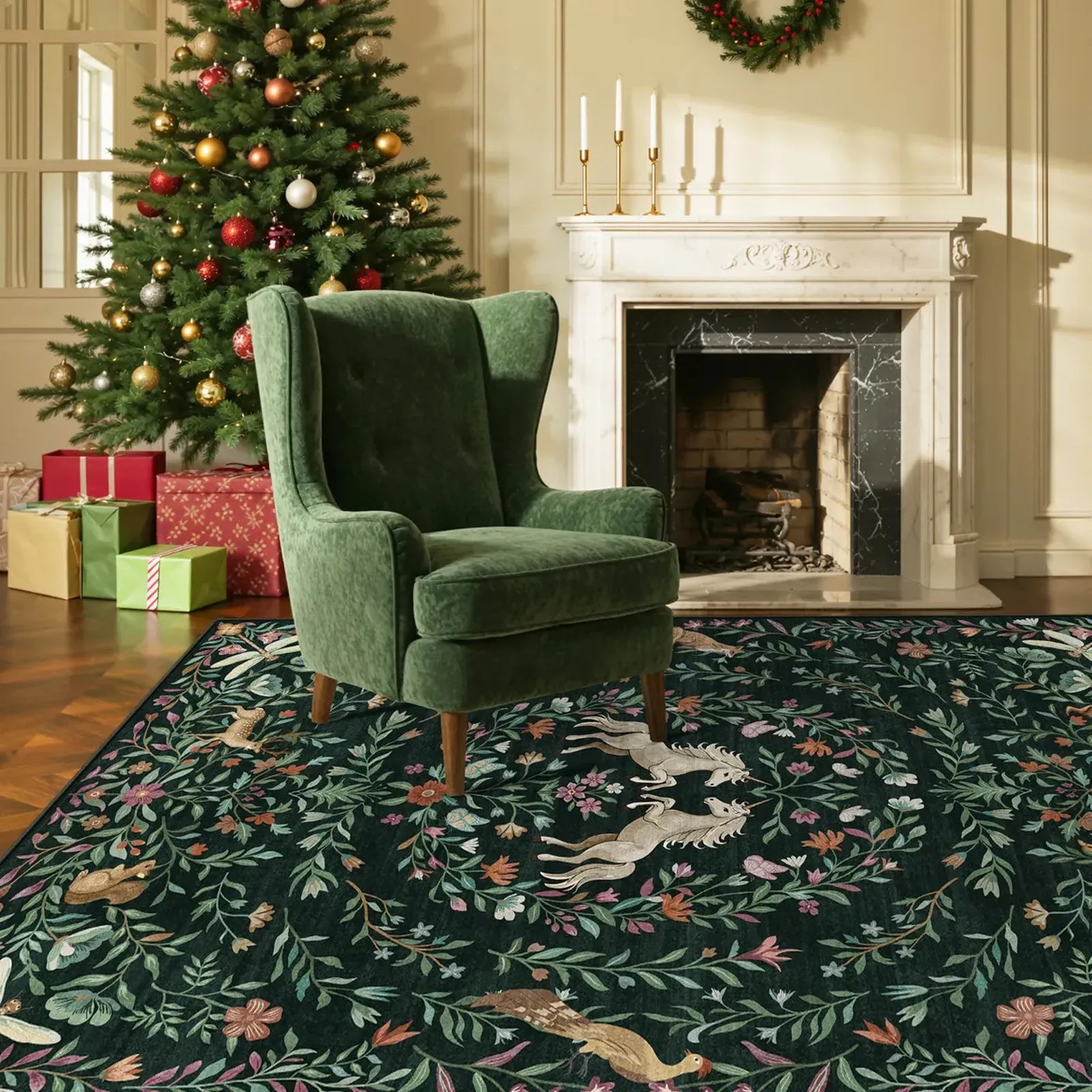 Myrrha Washable Fantasy Garden and Unicorn Dark Green Rug Area Rugs Lahome