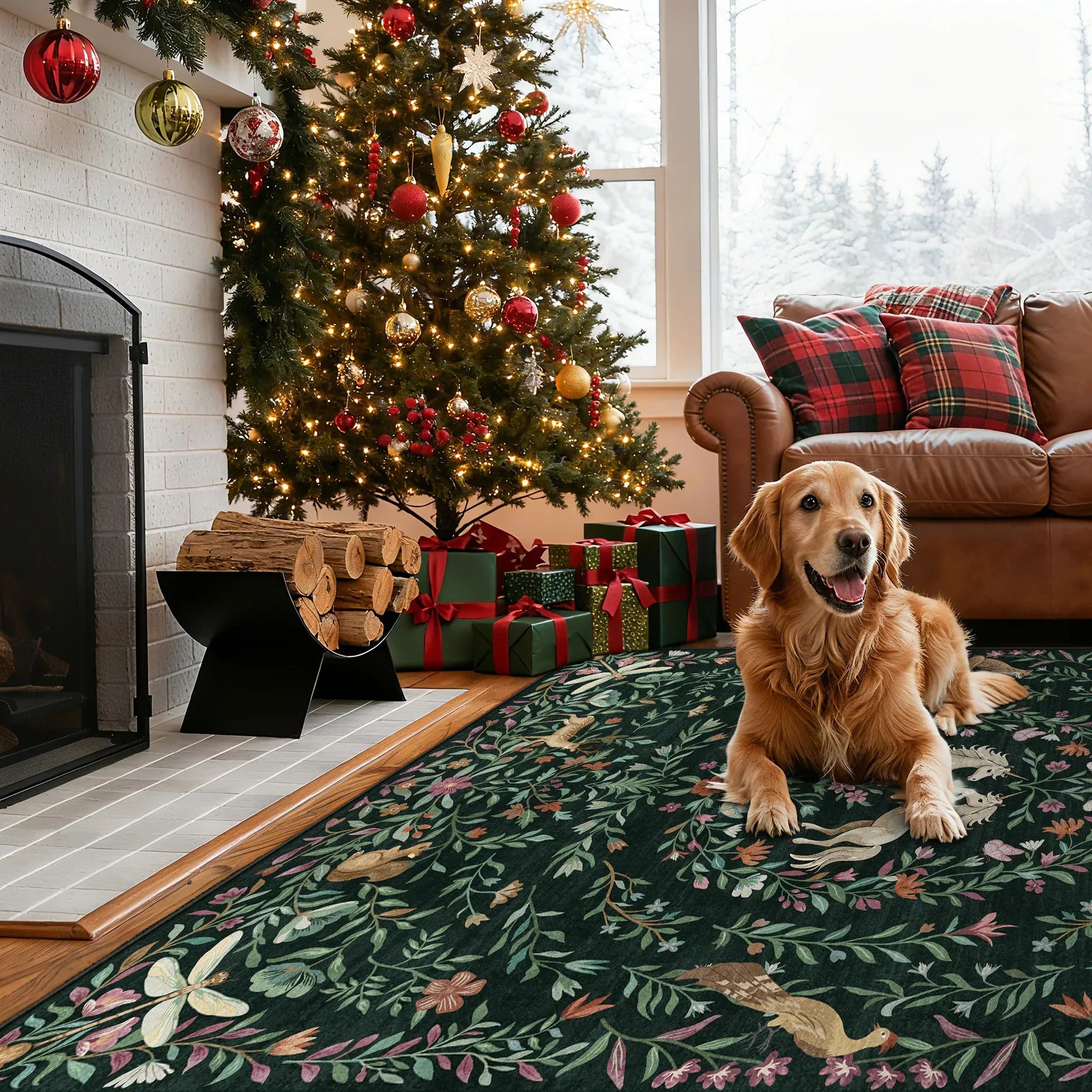 Myrrha Washable Fantasy Garden and Unicorn Dark Green Rug Area Rugs Lahome