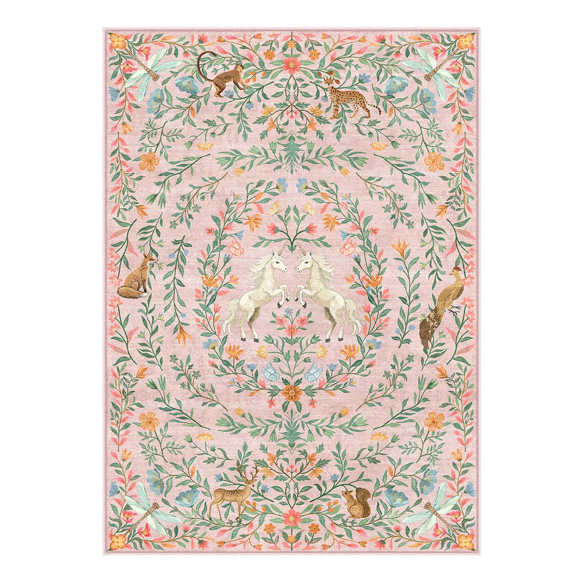 Myrrha Washable Fantasy Garden and Unicorn Pink Rug Area Rugs Lahome
