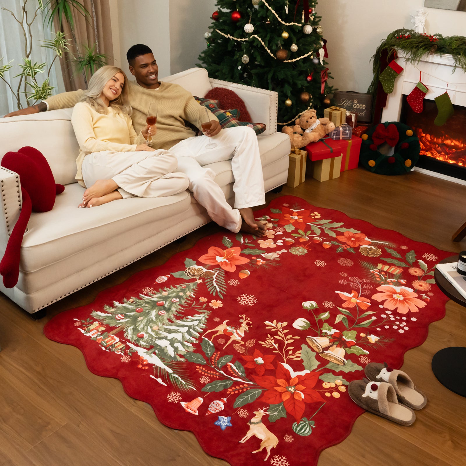 Nicolas Christmas Washable Floral Bell Red Rug Area Rugs Lahome