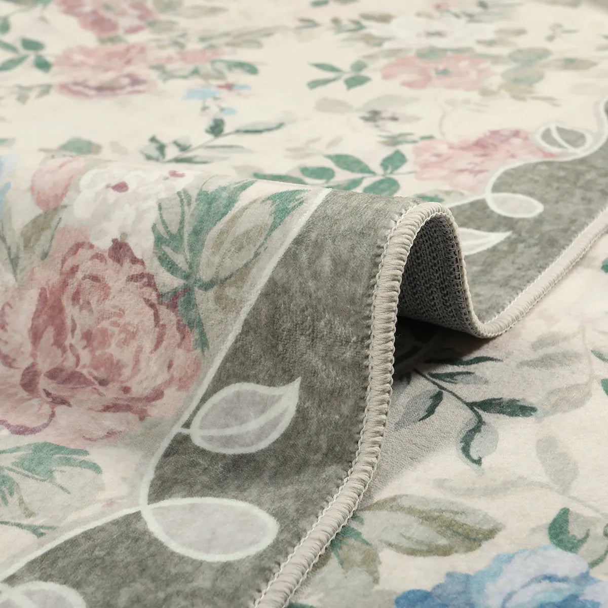 Nina Washable Romantic Vintage Floral Rose Garden Light Green Rug Area Rugs Lahome