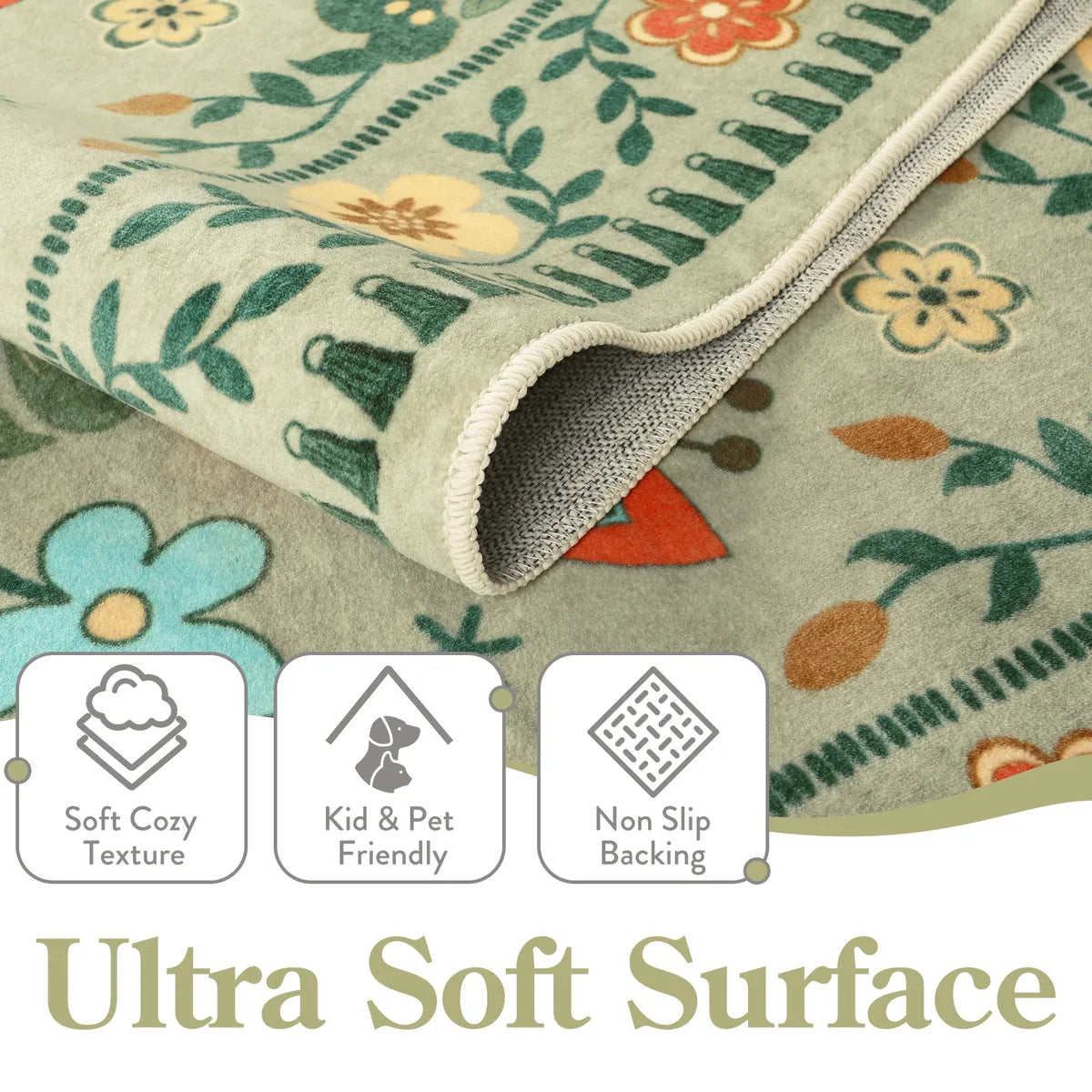 Rosalie Washable Boho Birdsong Floral Garden Light Green Rug Area Rugs Lahome