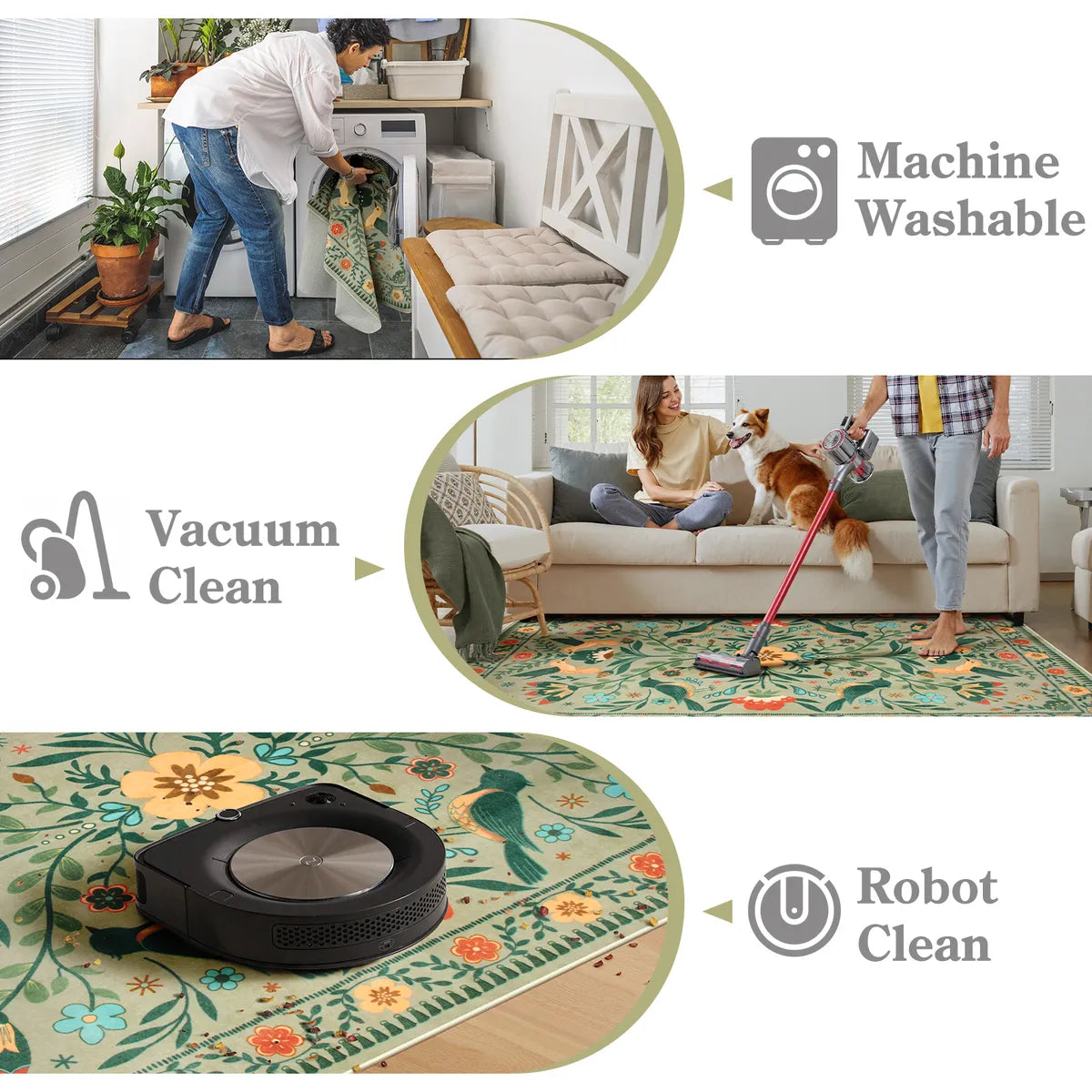 Rosalie Washable Boho Birdsong Floral Garden Light Green Rug Area Rugs Lahome