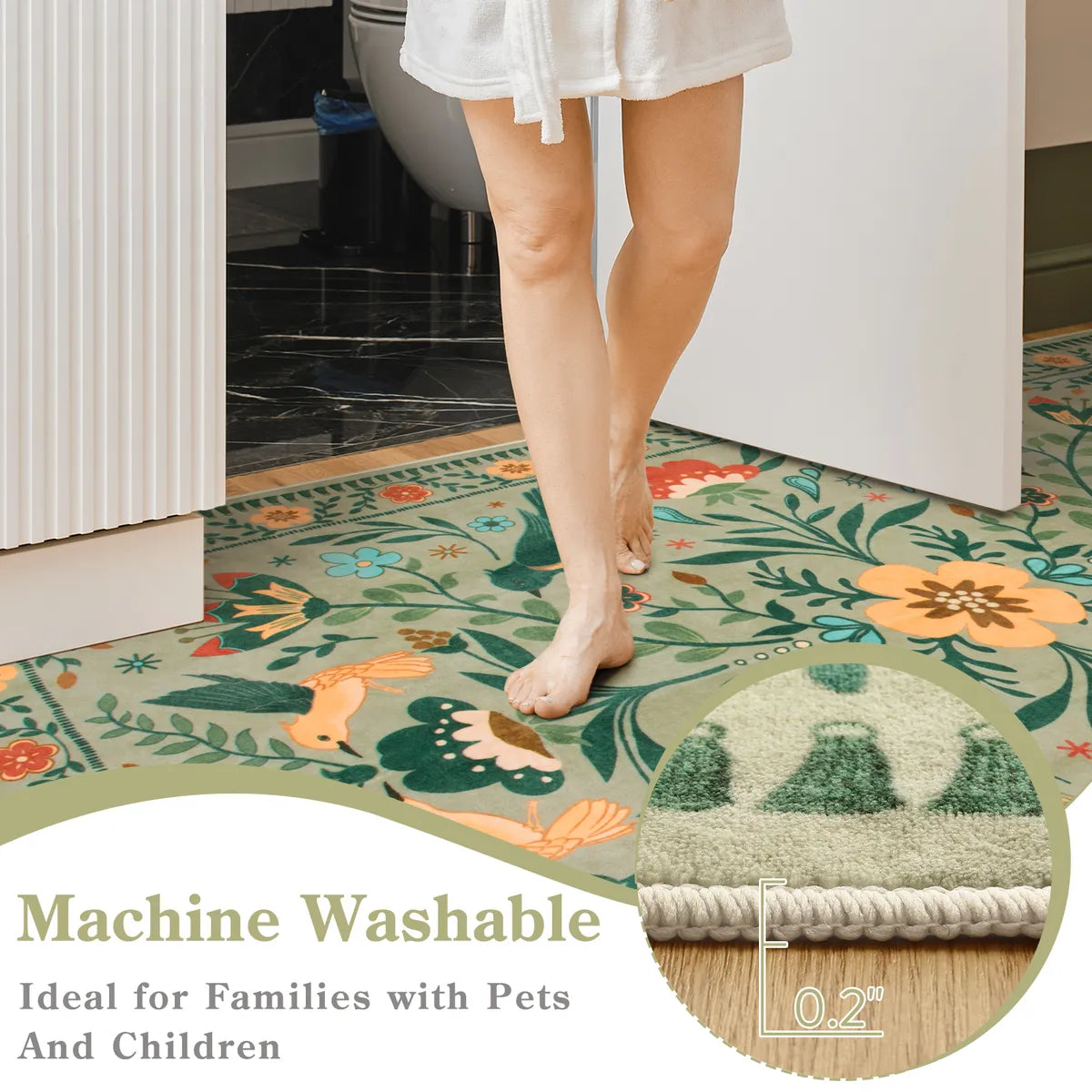 Rosalie Washable Boho Birdsong Floral Garden Light Green Rug Area Rugs Lahome