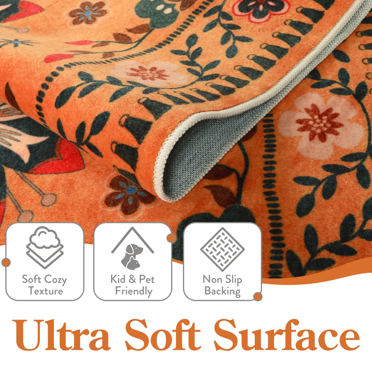 Rosalie Washable Boho Birdsong Floral Garden Orange Rug Area Rugs Lahome