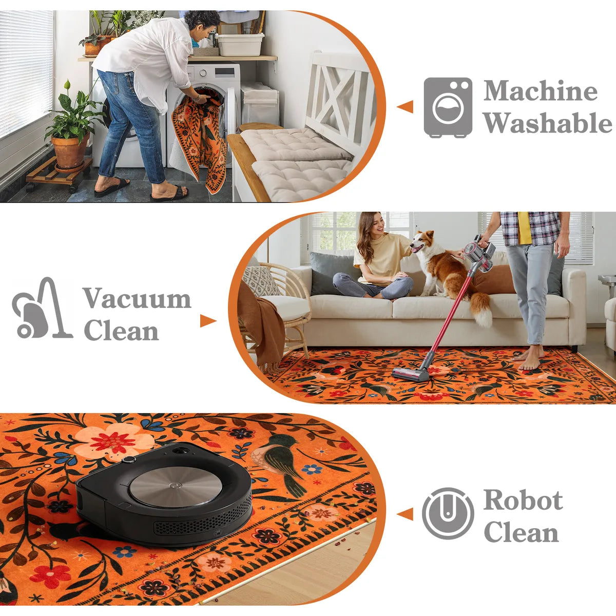 Rosalie Washable Boho Birdsong Floral Garden Orange Rug Area Rugs Lahome