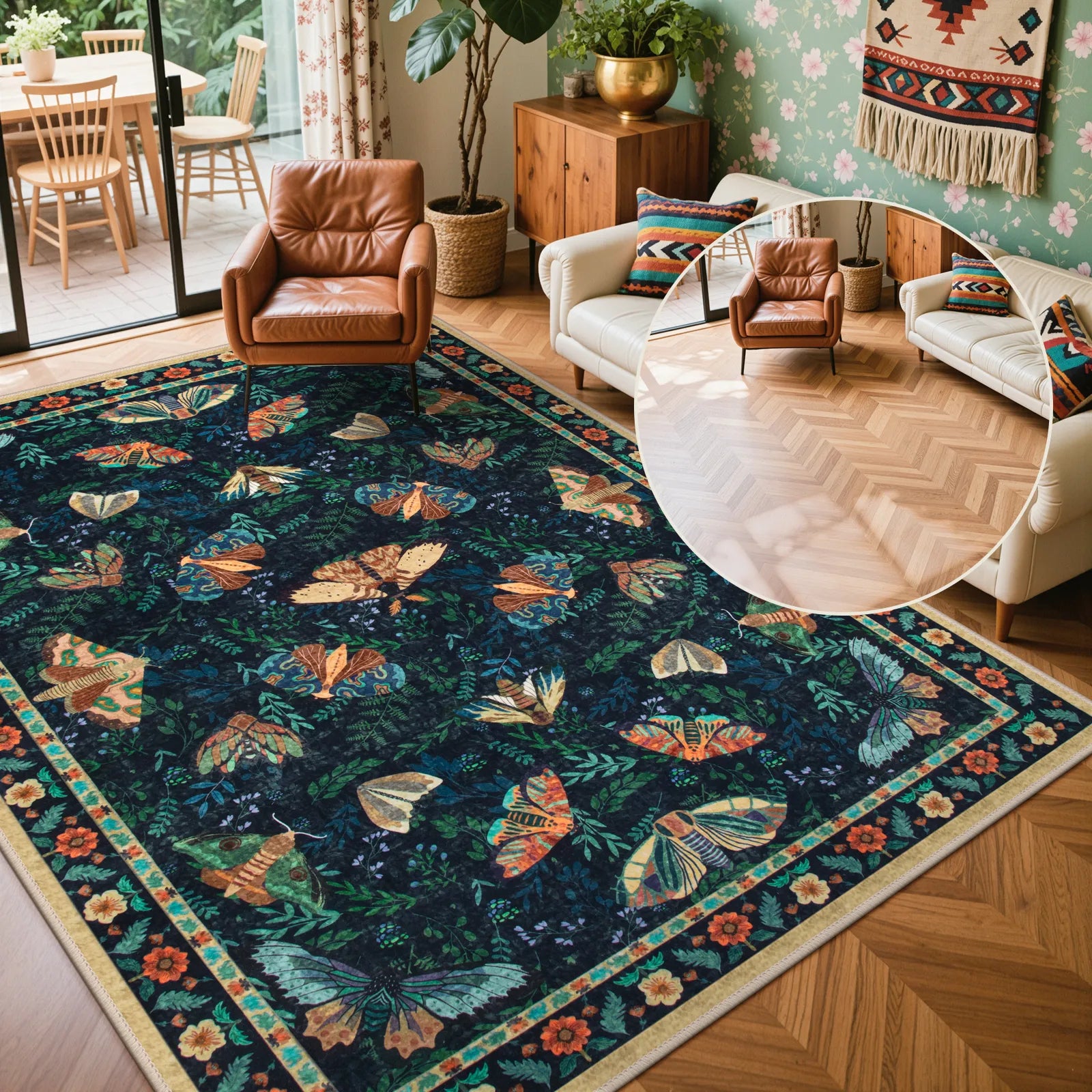 Villette Washable Vintage Botanical Insect Blue Rug Area Rugs Lahome