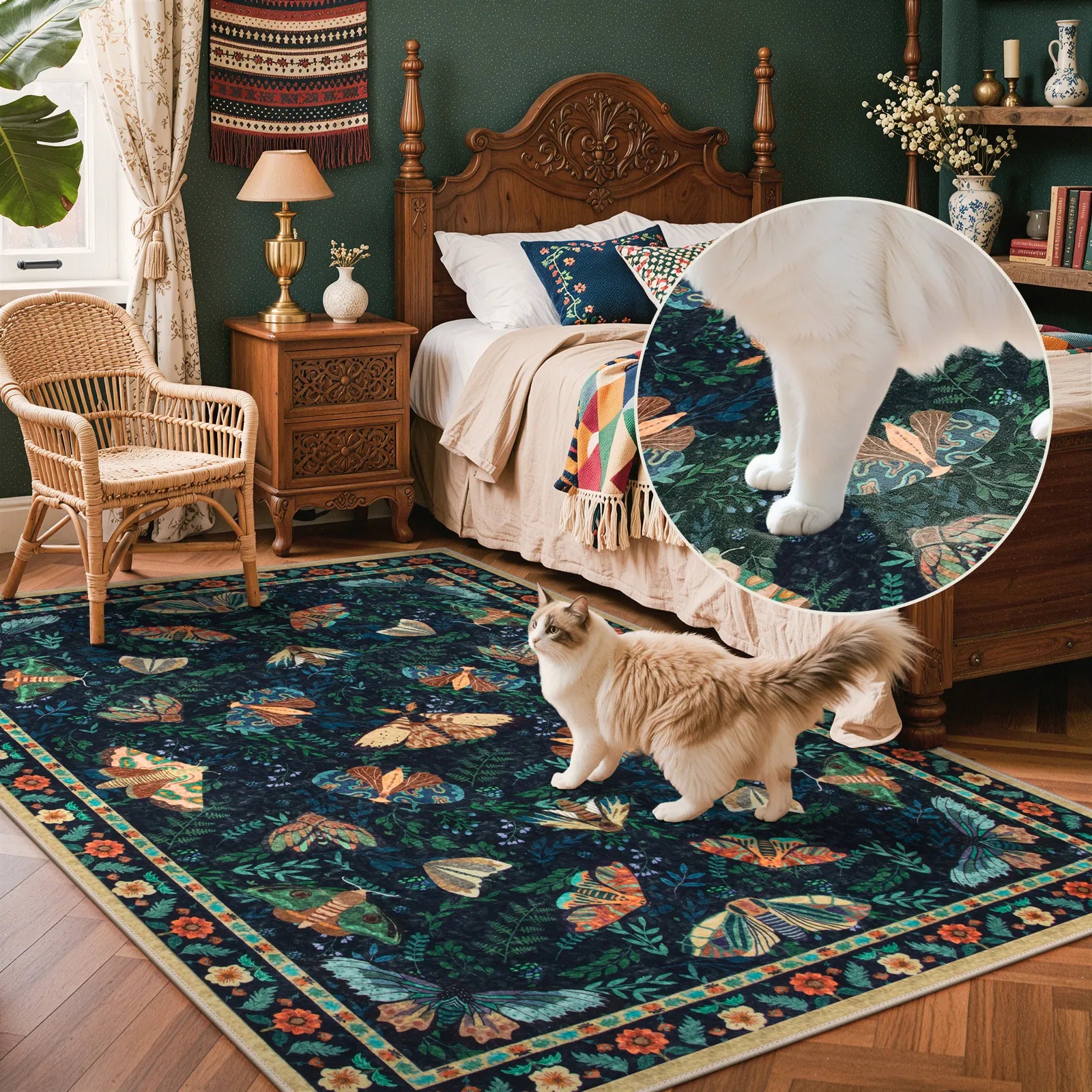 Villette Washable Vintage Botanical Insect Blue Rug Area Rugs Lahome