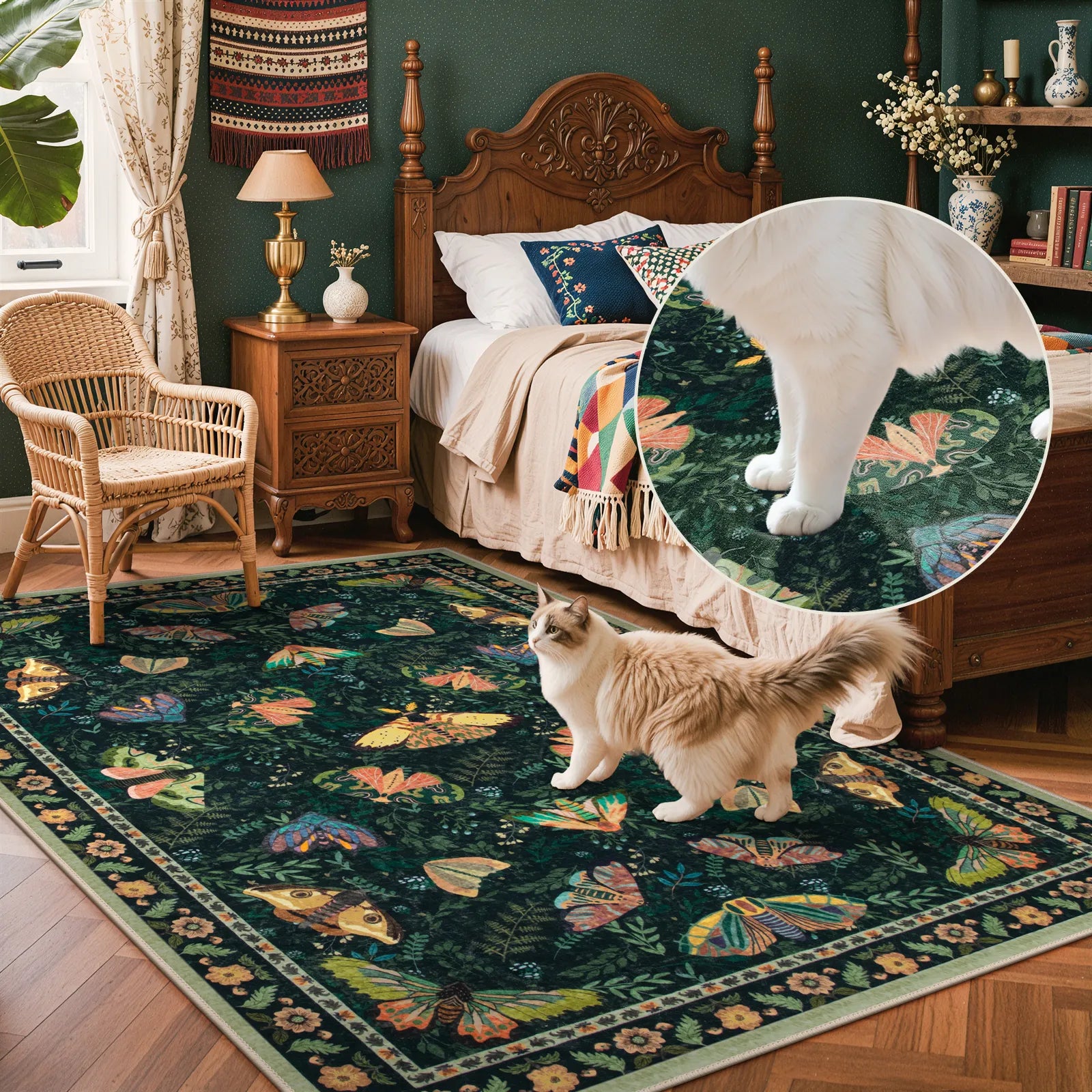 Villette Washable Vintage Botanical Insect Green Rug Area Rugs Lahome