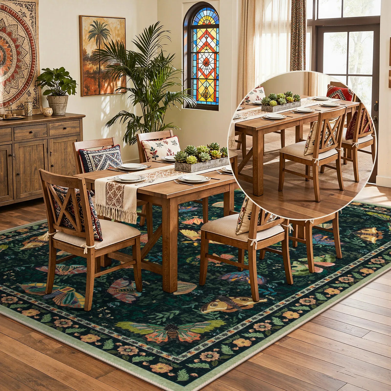 Villette Washable Vintage Botanical Insect Green Rug Area Rugs Lahome