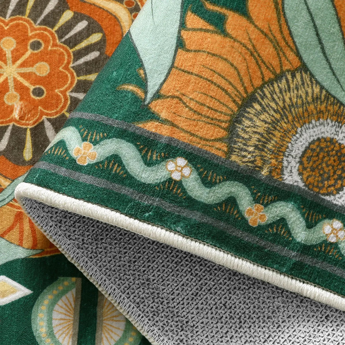 Amelie Washable Vintage Sunflower Floral Green Runner Rug Area Rugs Lahome