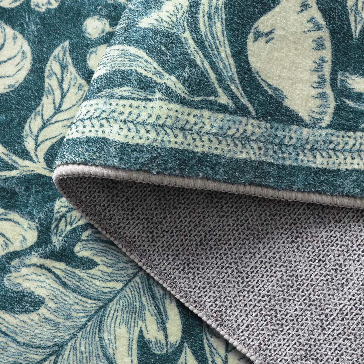 Nadine Washable Vintage Woodcut Forest and Rabbit Blue Rug Area Rugs Lahome