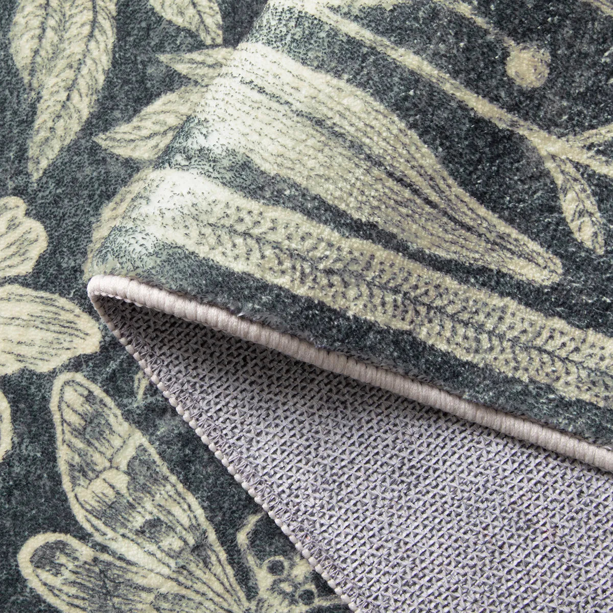 Nadine Washable Vintage Woodcut Forest and Rabbit Grey Rug Area Rugs Lahome