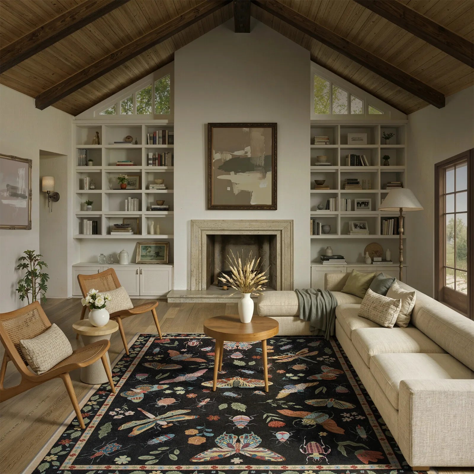 Vionnet Washable Modern Parisian Insect Black Rug Rugs Lahome 5' x 7'