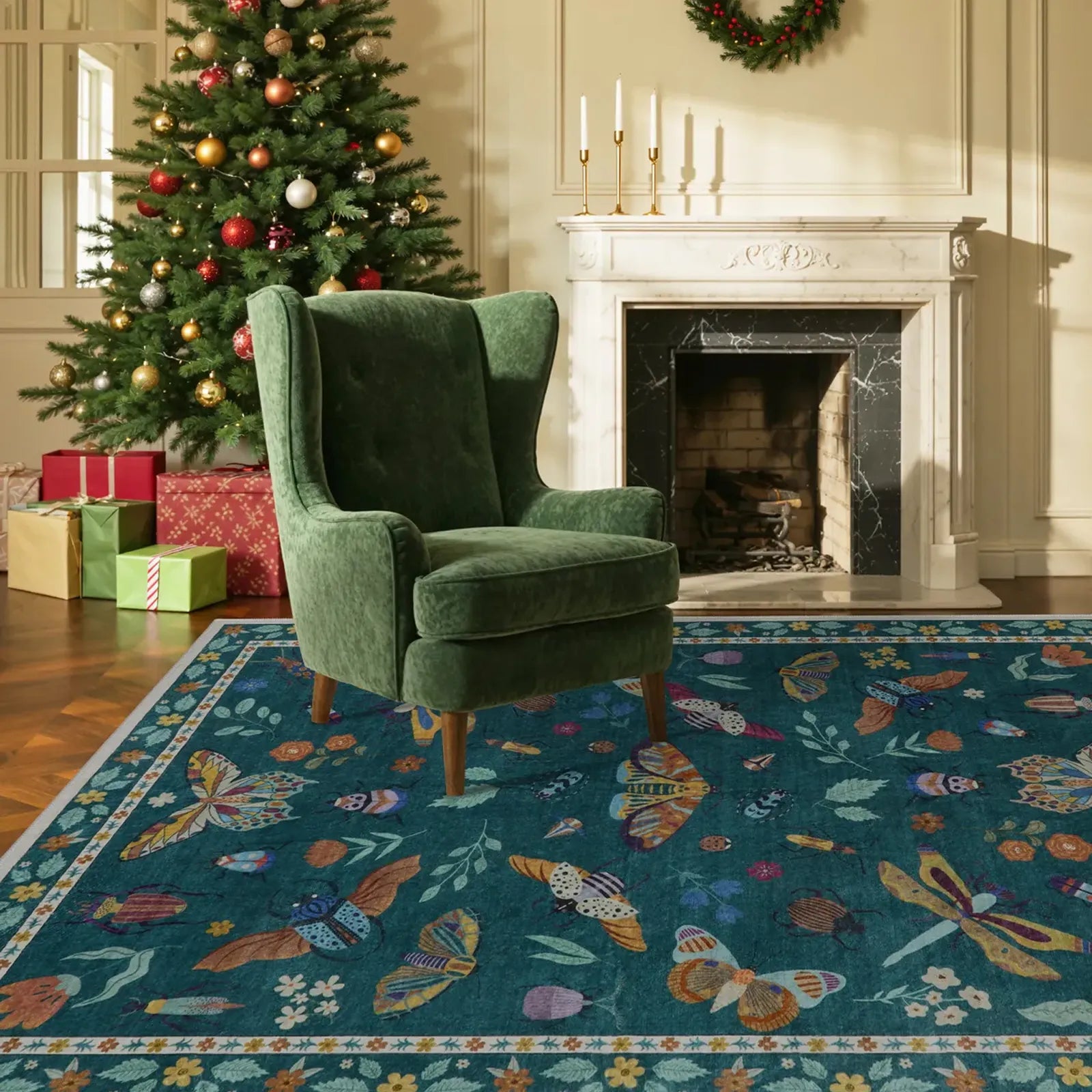 Vionnet Washable Modern Parisian Insect Green Rug Area Rugs Lahome