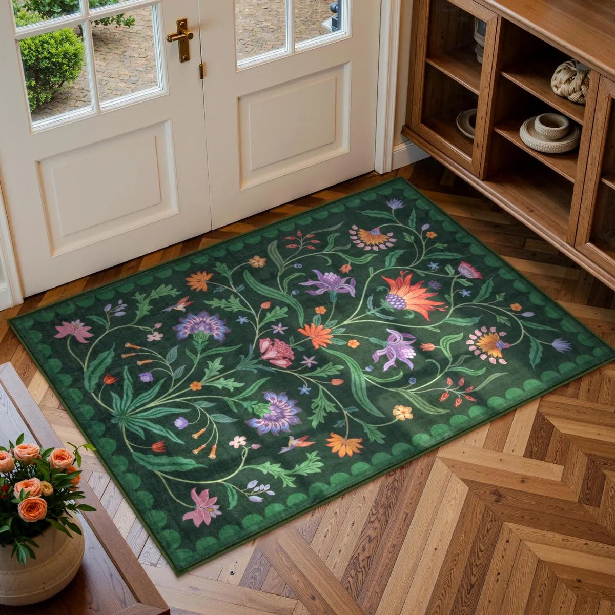 Ivy Washable Boho Vintage Floral Green Rug Area Rugs Lahome 2' x 3'