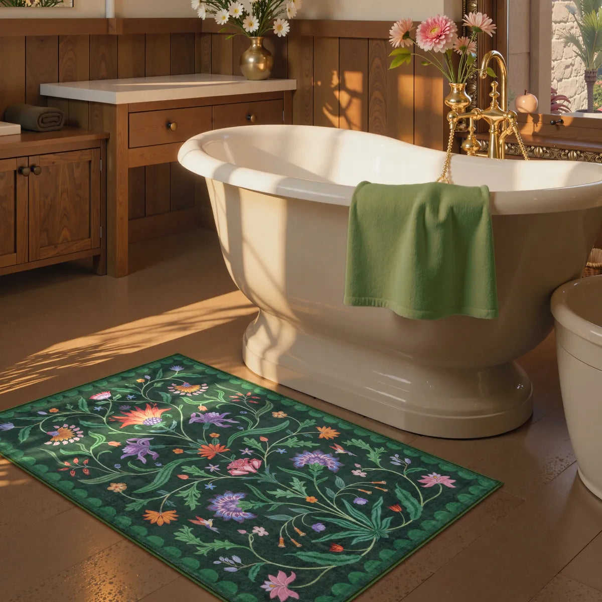 Ivy Washable Boho Vintage Floral Green Rug Area Rugs Lahome