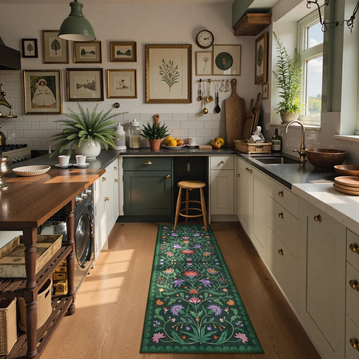 Ivy Washable Boho Vintage Floral Green Rug Area Rugs Lahome 2' x 6'