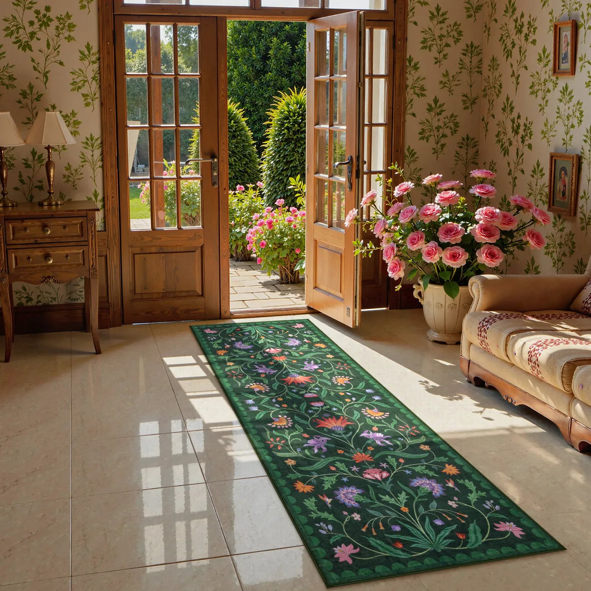 Ivy Washable Boho Vintage Floral Green Rug Area Rugs Lahome