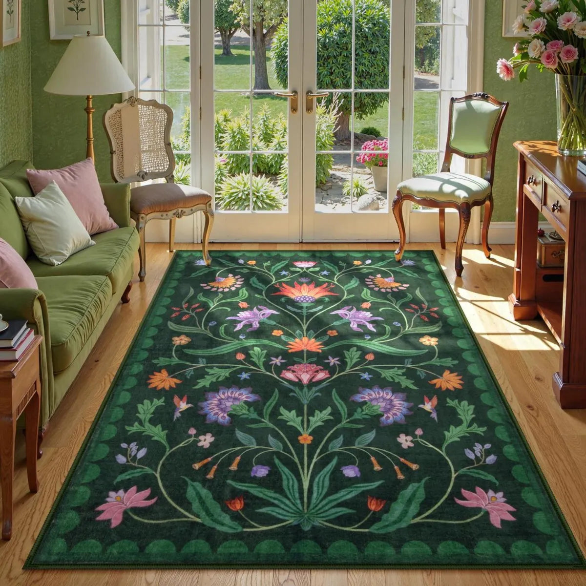Ivy Washable Boho Vintage Floral Green Rug Area Rugs Lahome 5' x 7'