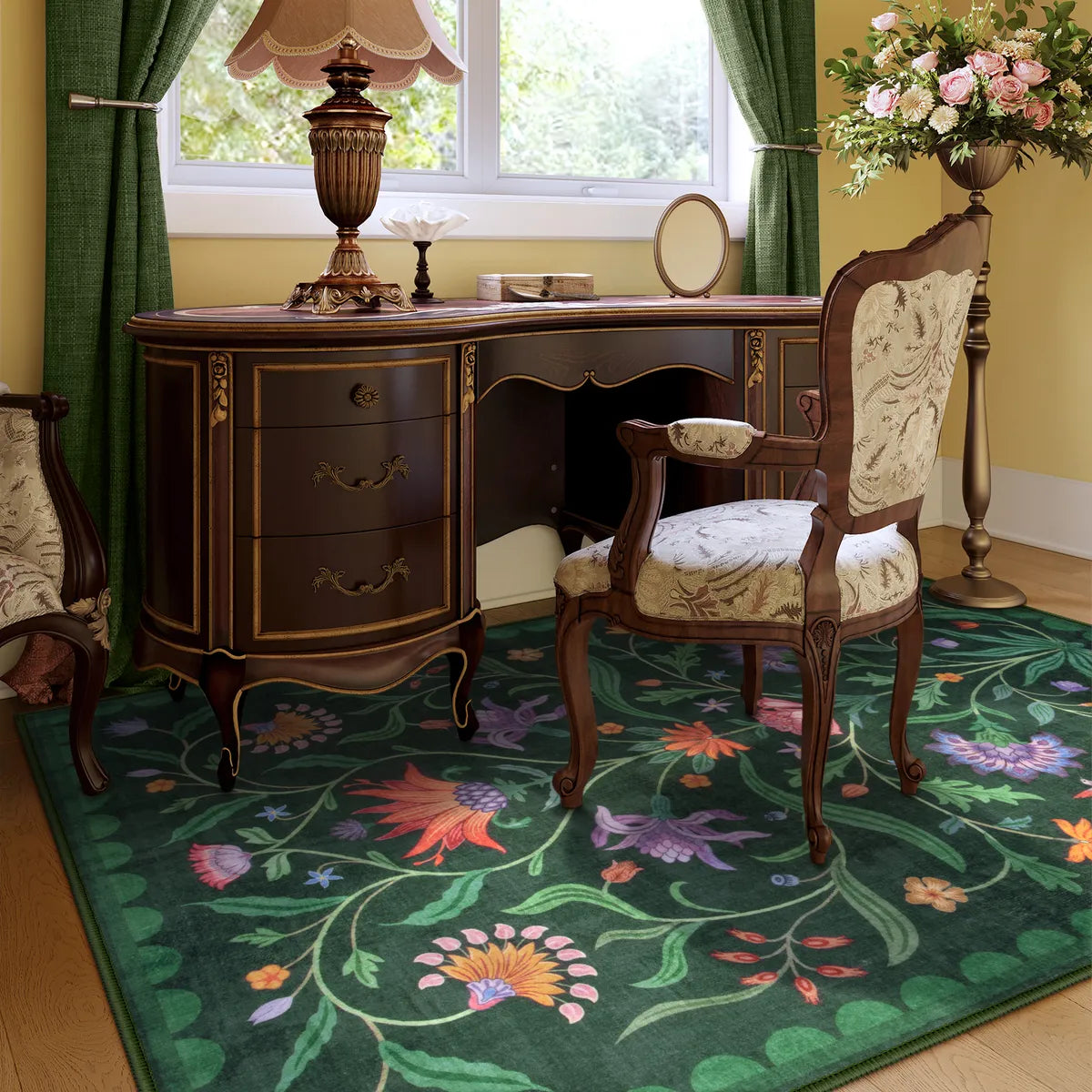 Ivy Washable Boho Vintage Floral Green Rug Area Rugs Lahome